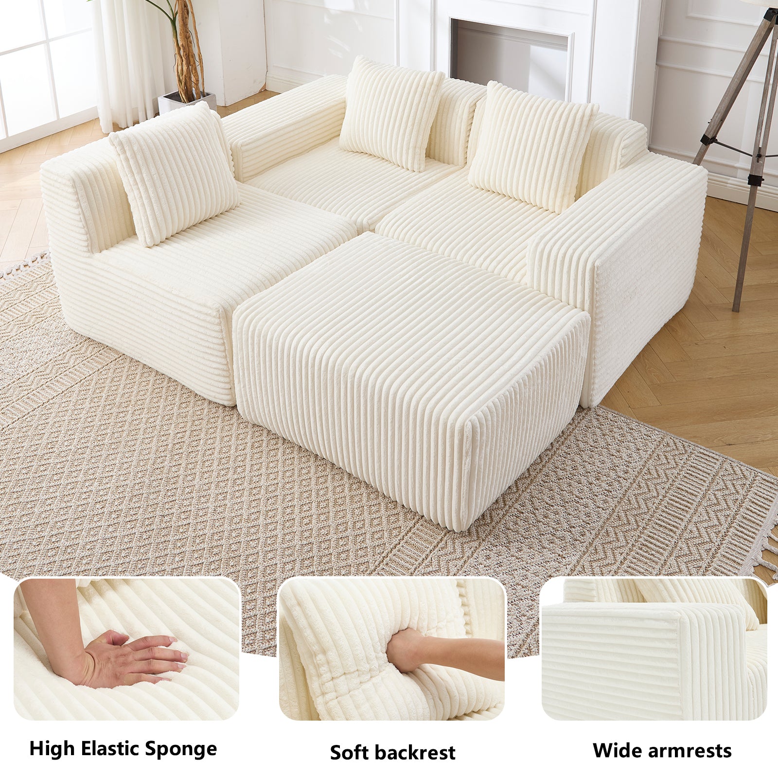 Modern Minimalist Modular Sectional Sofa,  L-Shape Upholstered Cloud Couch with Deep Seats, Right Facing Chaise for Living Room-White