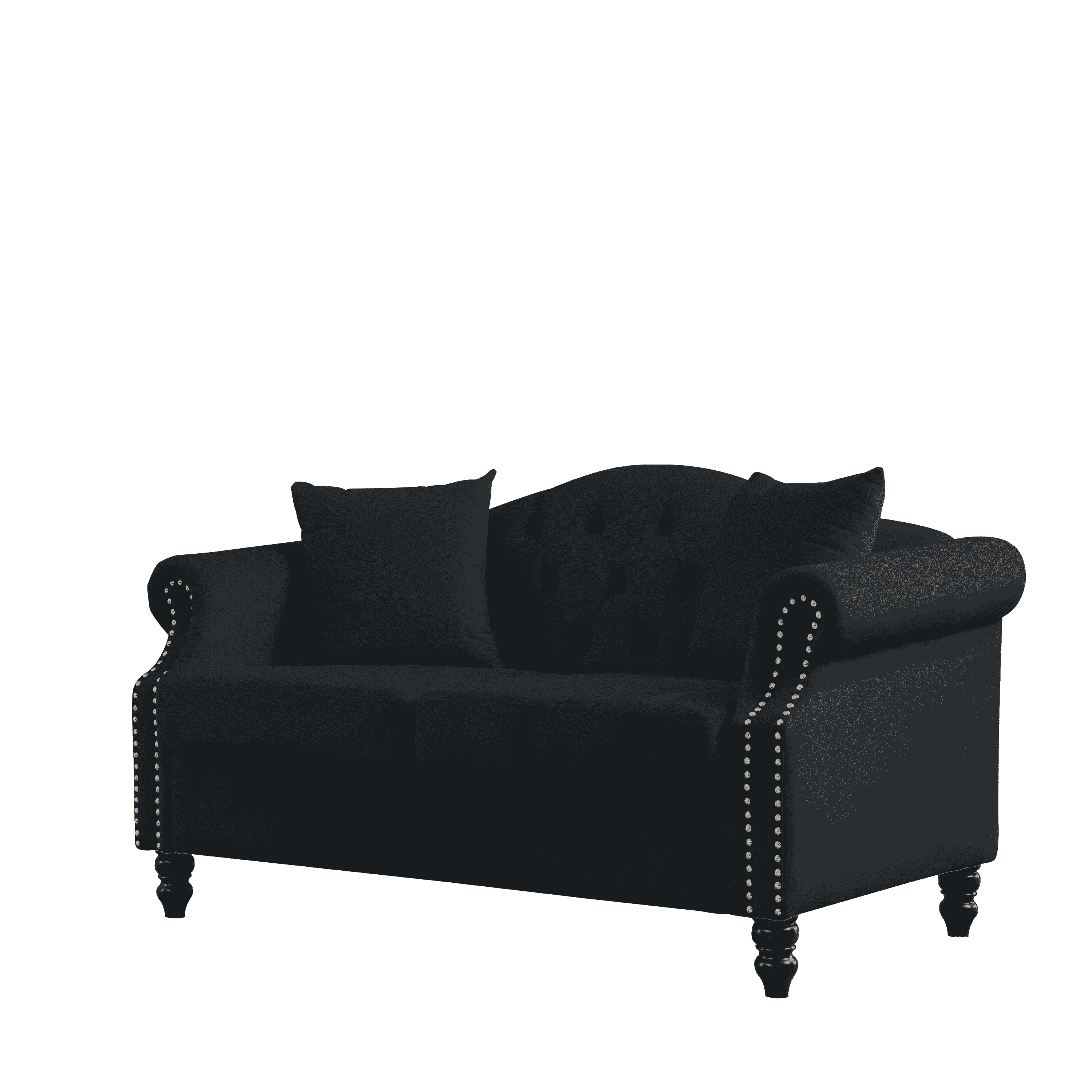 57" Chesterfield Sofa Black Velvet for Living Room, 2 Seater Sofa Tufted Couch with Rolled Arms and Nailhead for Living Room, Bedroom, Office, Apartment, two pillows