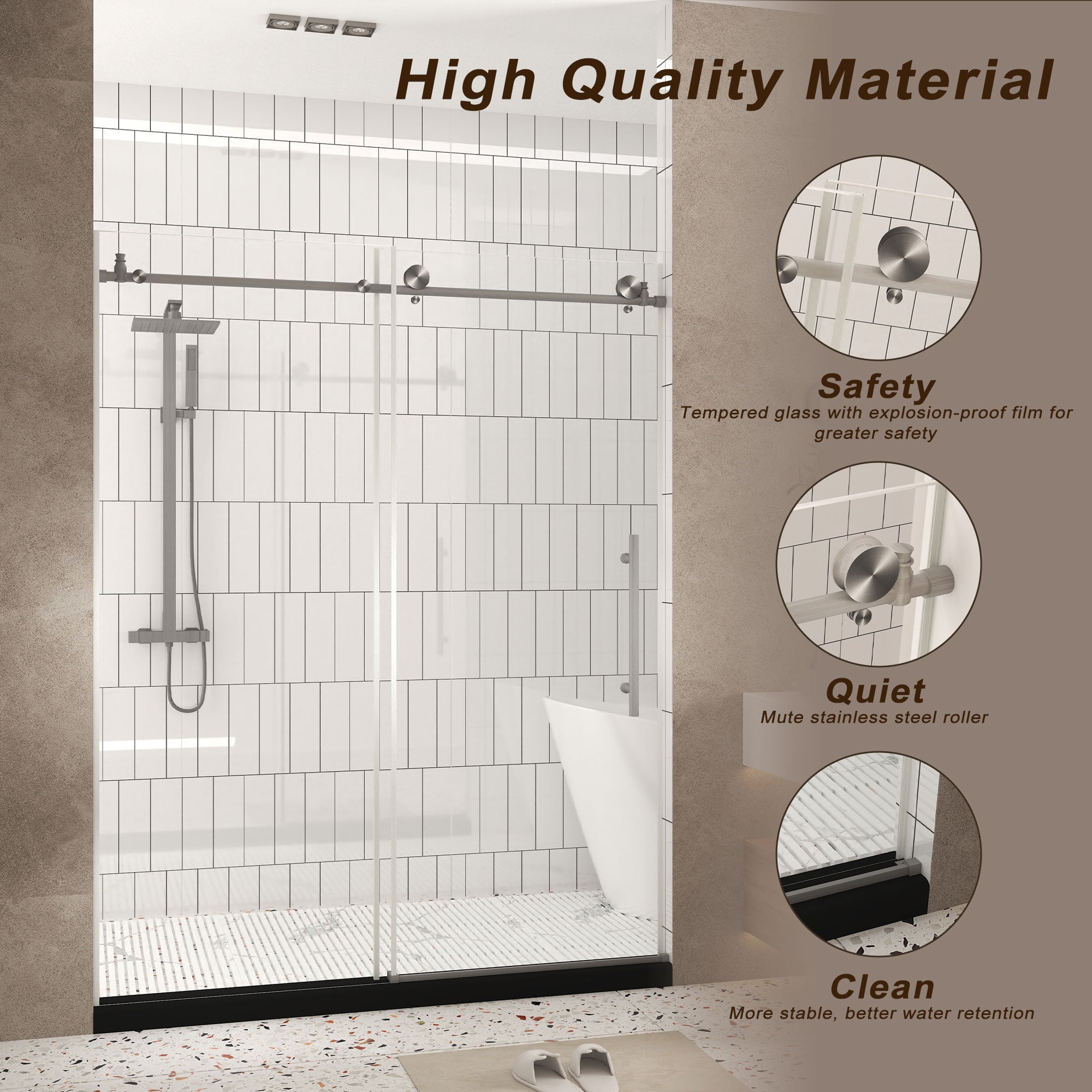 Frameless shower door 56-60 inch brushed nickel stainless steel handle detail