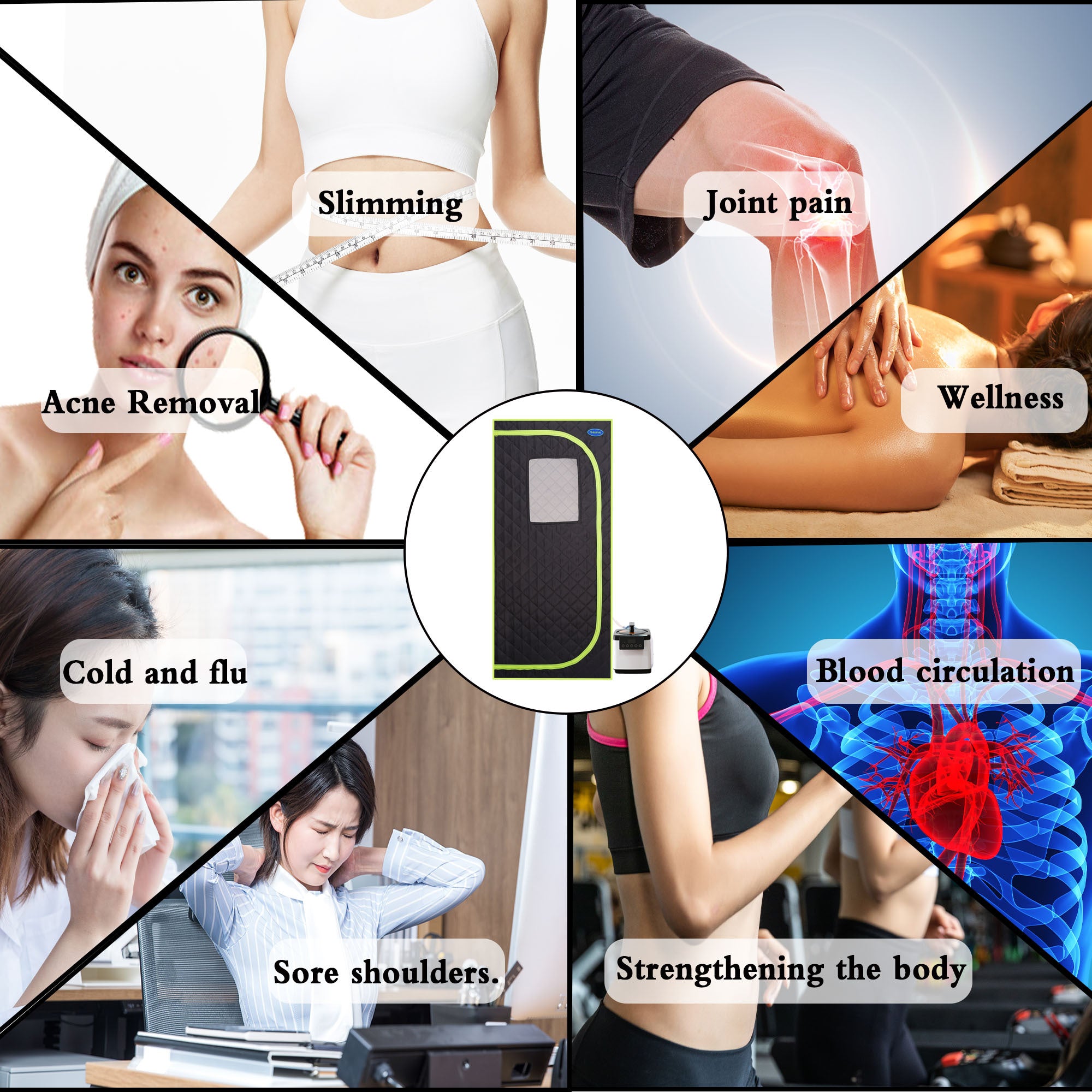 Portable Plus Type Full Size Steam Sauna tent. Spa, Detox ,Therapy and Relaxation at home.Larger Space,Stainless Steel Pipes Connector Easy to Install, with FCC Certification--Black(Green binding)