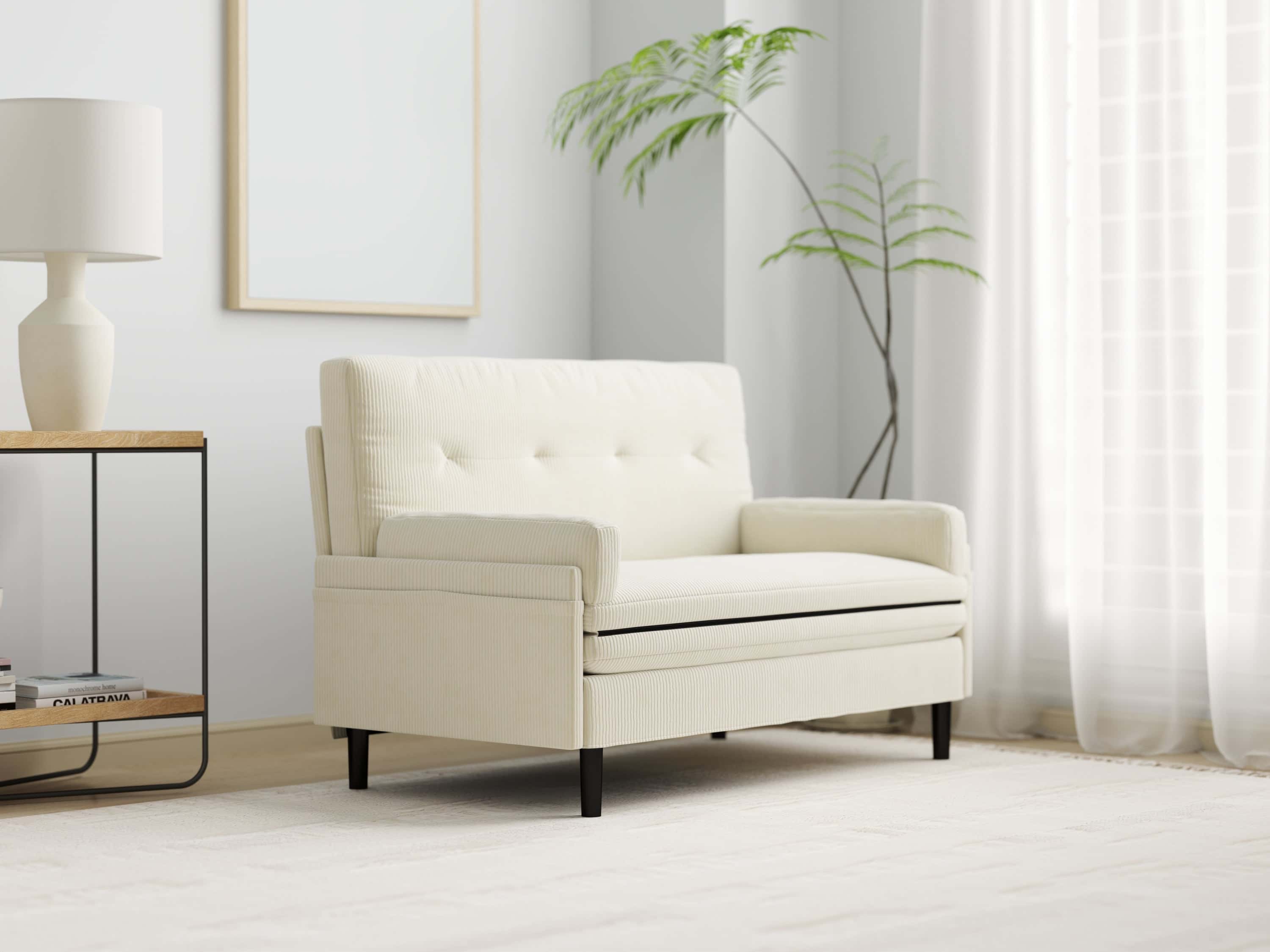Ivory Corduroy Loveseat, Convertible Lounge Chair and Bed