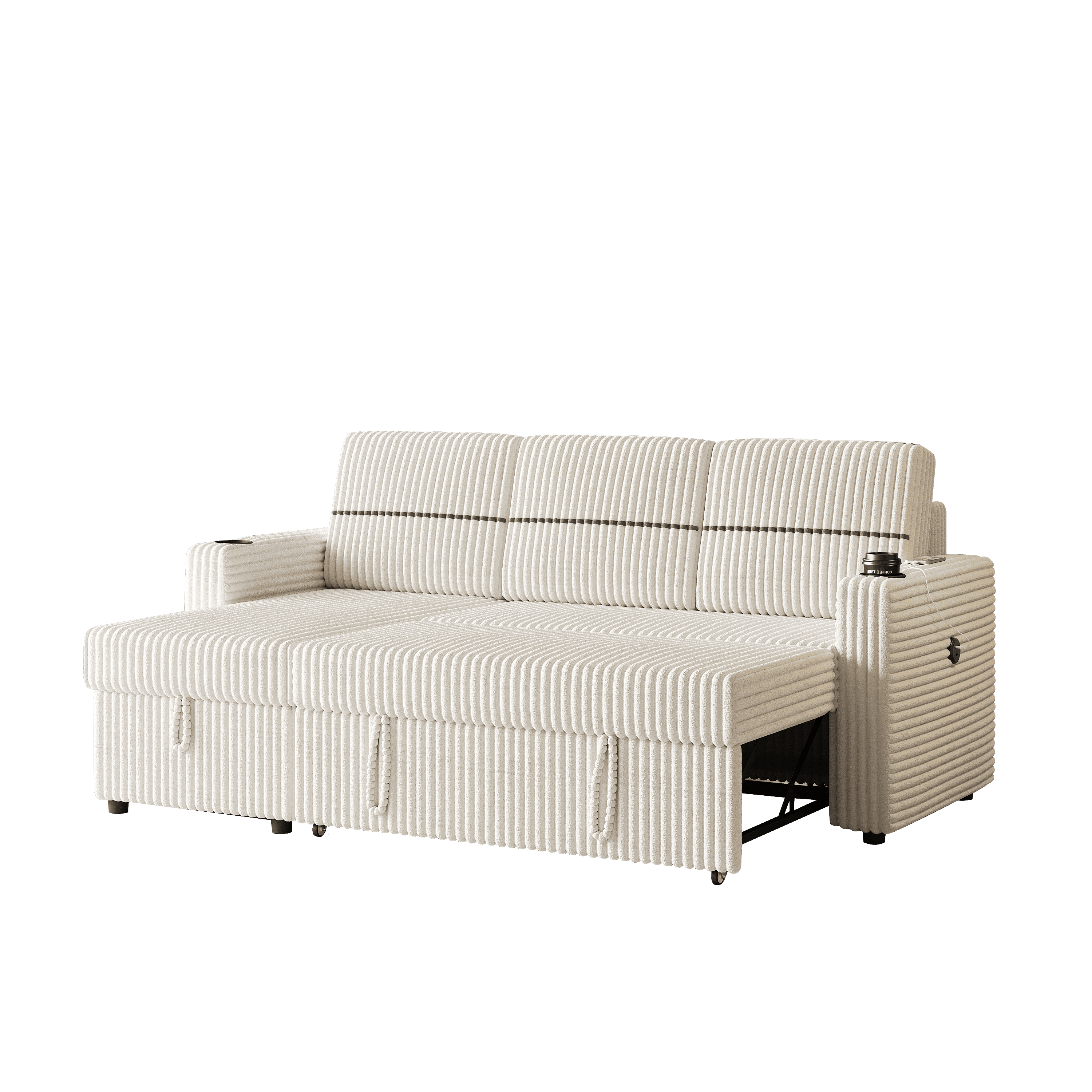 85 Inches Corduroy Sofa Bed, 3 Seater Sleeper Sofa with Storage Chaise, Square Handrail With Two Cup-holder And USB Charge Port, Pull Out Couch for Living Room
