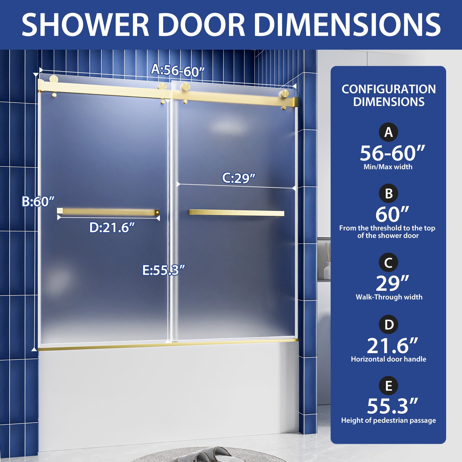56-60 x 60 in Frosted Frameless Double Sliding Shower Door - 56-60 x 60 in / Frosted Glass / Brushed Gold view 2