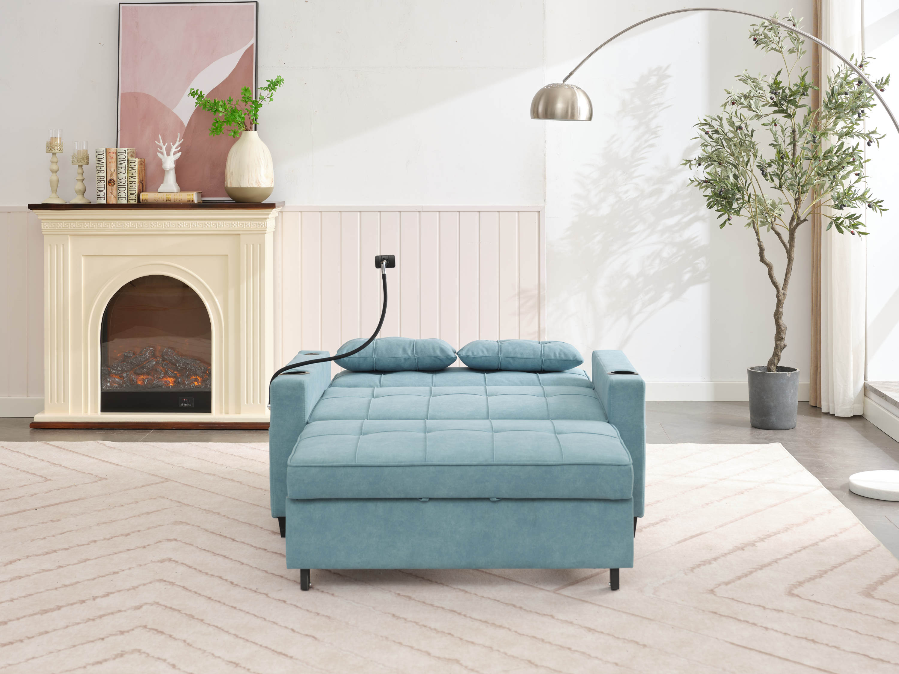 Futon Chair Bed Convertible Chair 3-in-1 Pull Out Sleeper Chair Beds with USB Ports,Wear-resistant and Anti-scratch, Armchair Bed Sleeper for Living Room (Green Tech cloth)