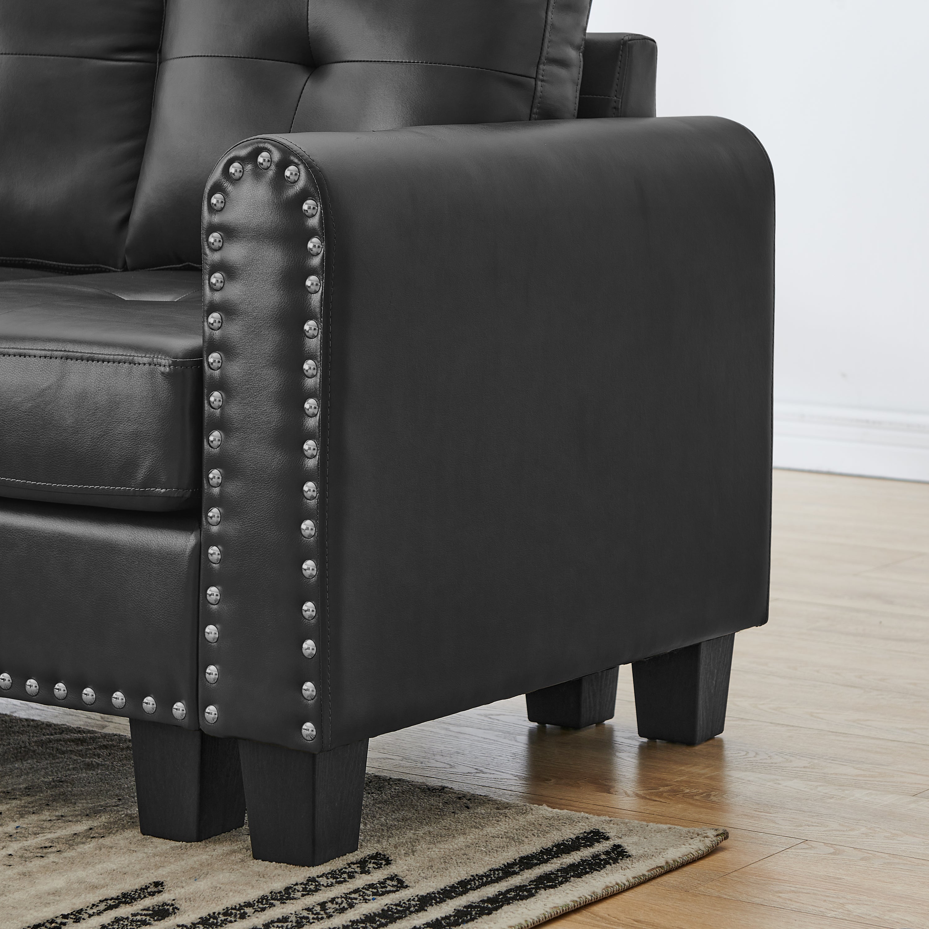 Sectional 3-Seaters Sofa , reversible recliner, Storage pad and wood grain cup holder, Non-slip leg, pu, black