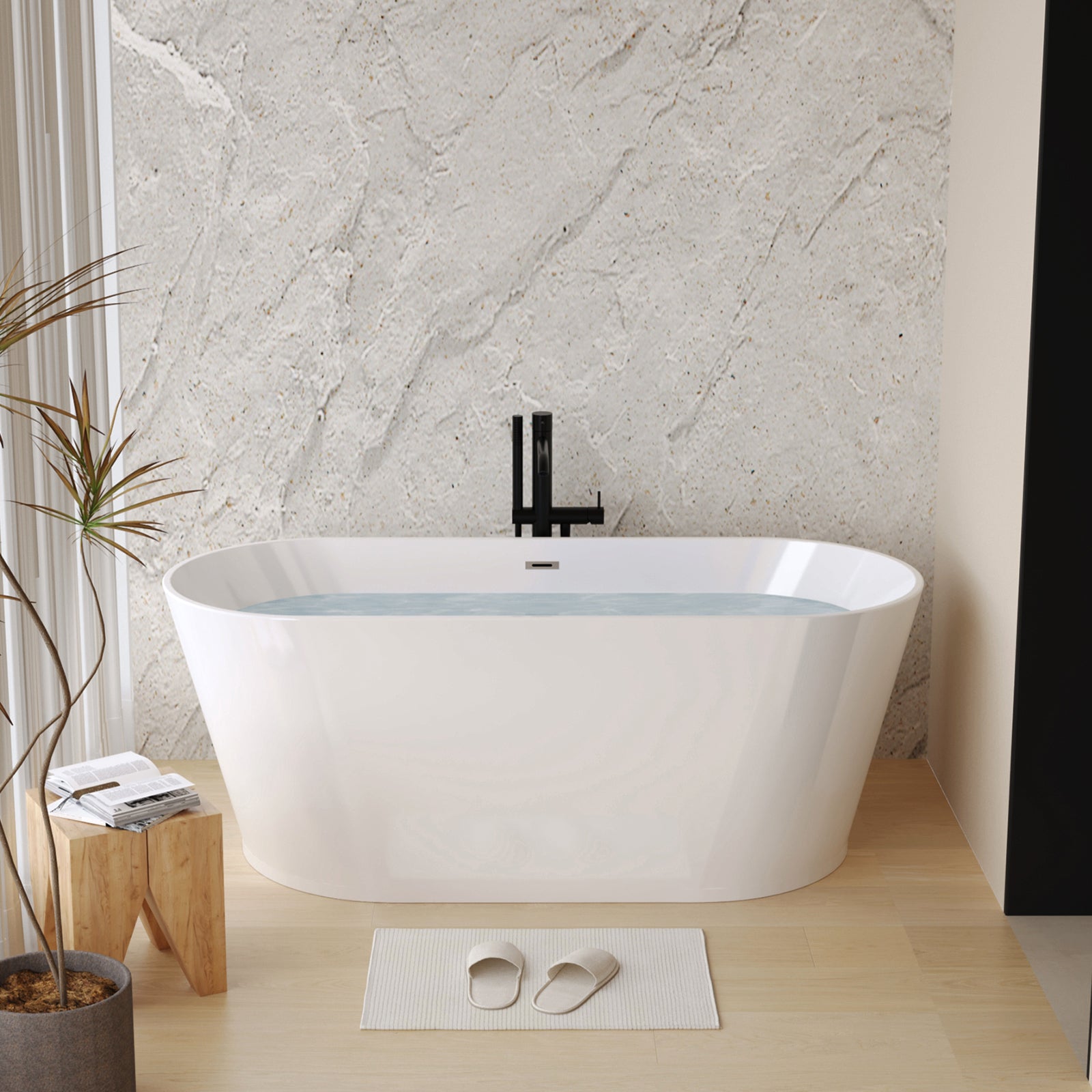55-inch acrylic freestanding soaking bathtub in glossy white, full side view