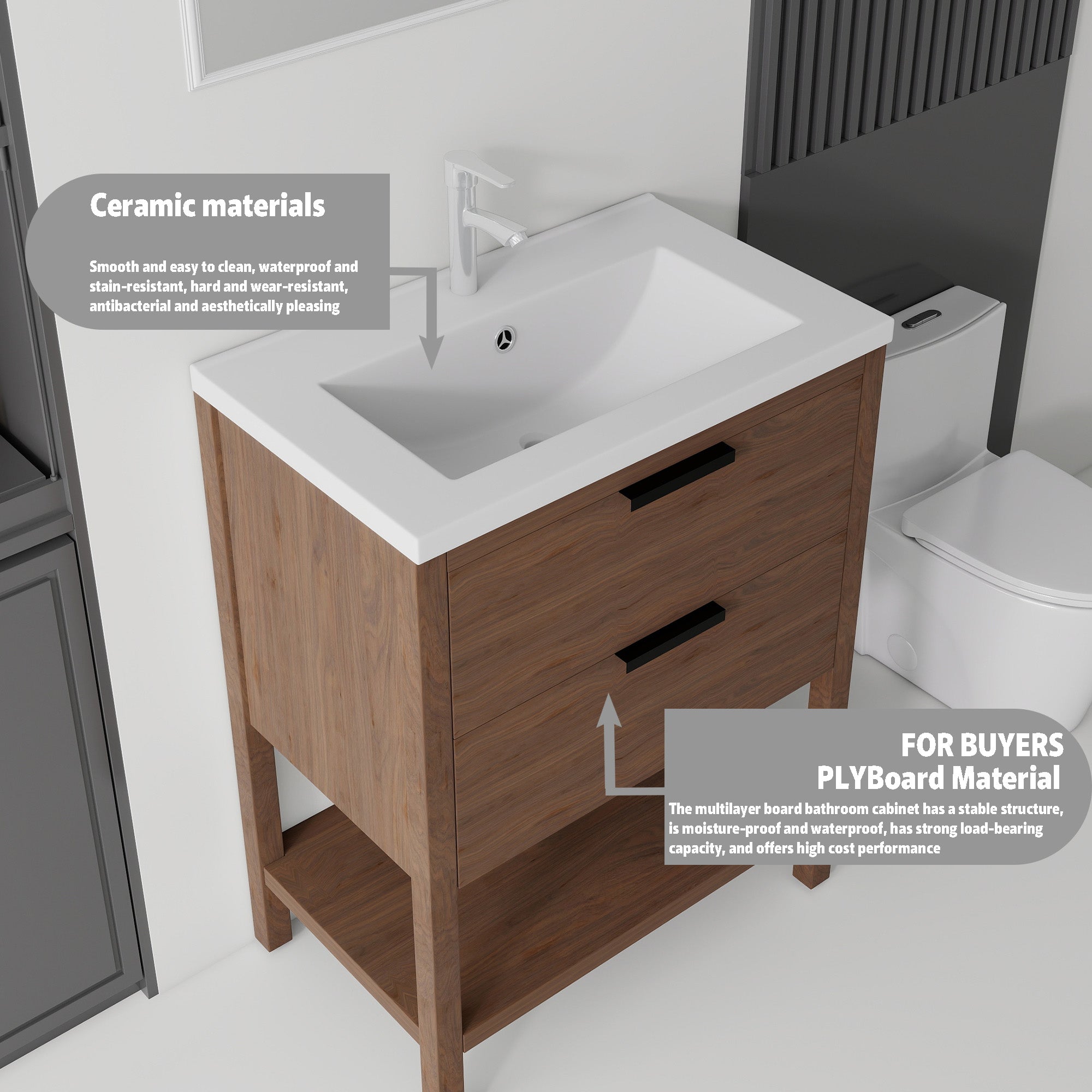 Brown 24 inch bathroom vanity with soft-close drawer, angled view