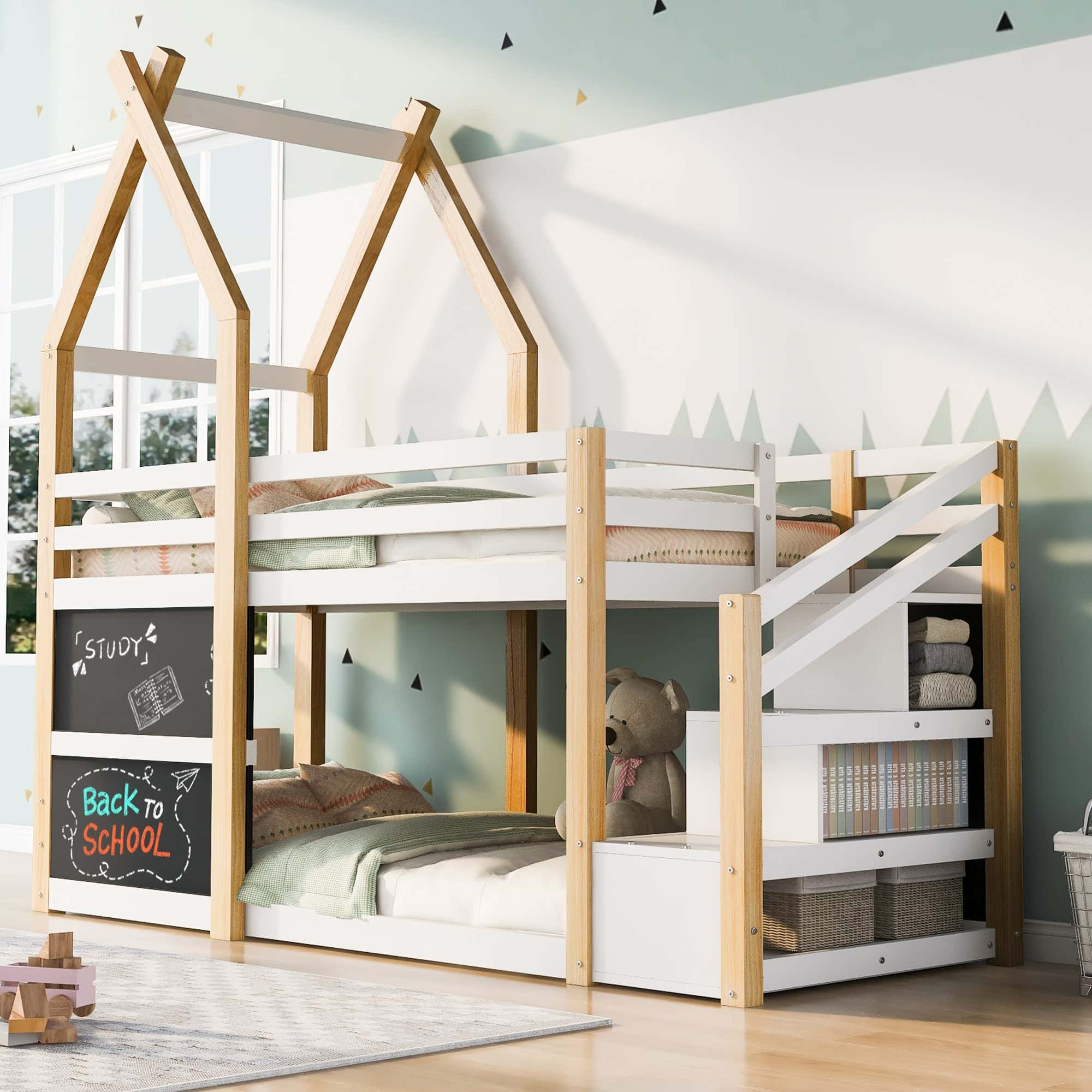 Twin over Twin House Bunk Bed with White Storage Staircase and 2 Blackboards, White and Natural