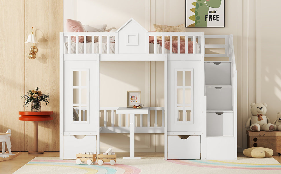 Twin-Over-Twin Bunk Bed with Changeable Table, Bunk Bed Turn into Upper Bed and Down Desk -White