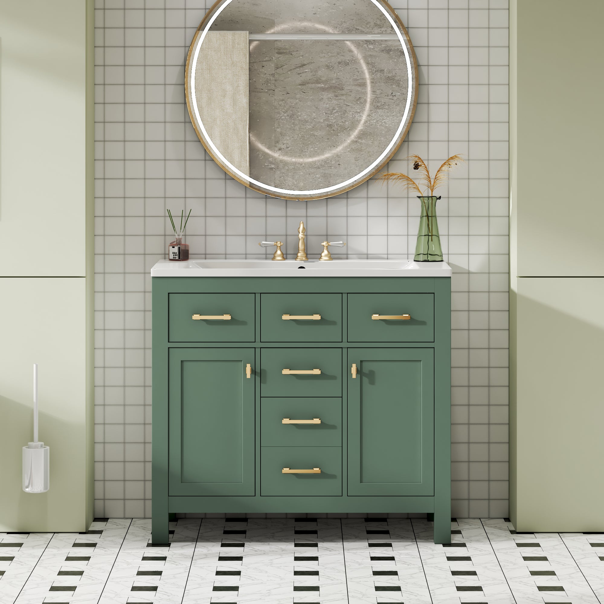 Modern green vanity with ceramic sink top, detail view