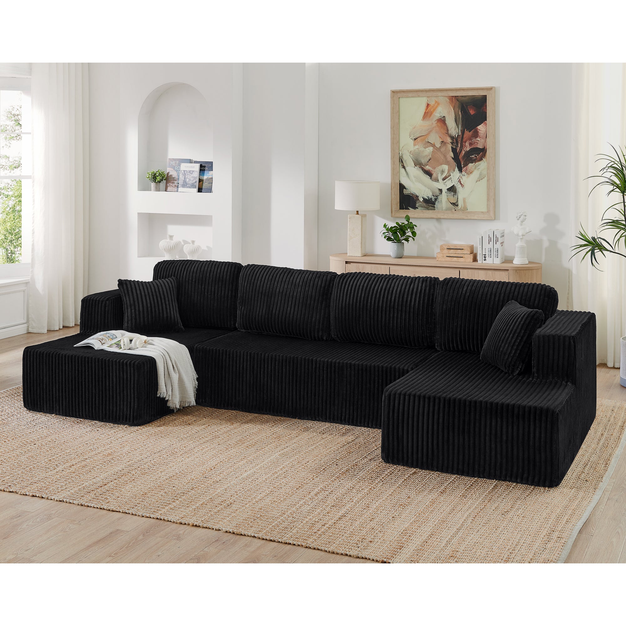 U-shape modular sectional sleeper sofa in black corduroy, full front view