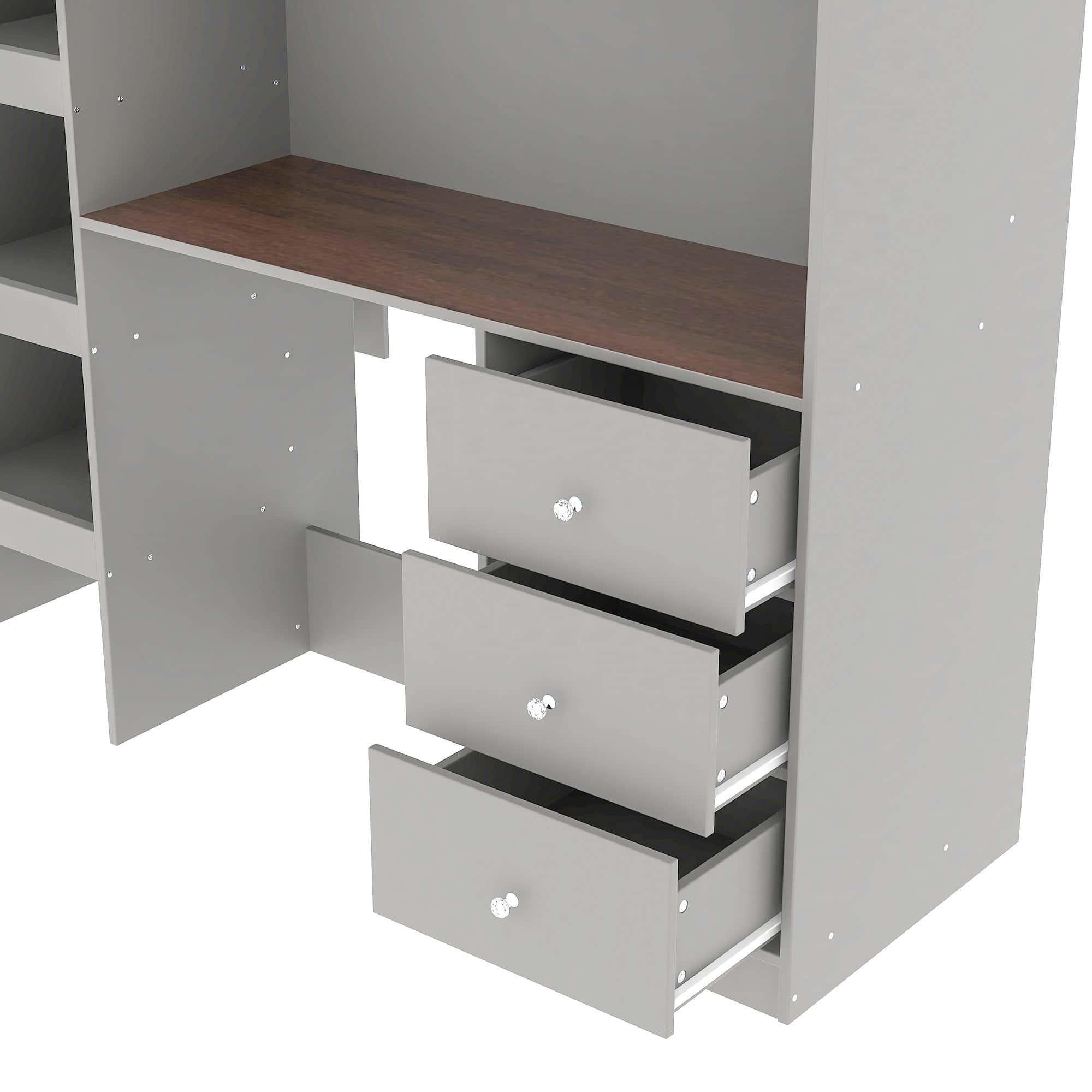 Wood Full Size Loft Bed with Built-in Wardrobe, Desk, Storage Shelves and Drawers, Grey