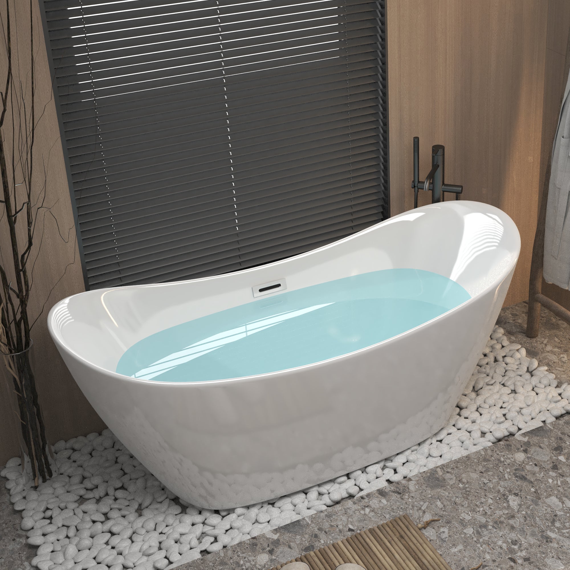 Gloss white acrylic freestanding bathtub, end profile view