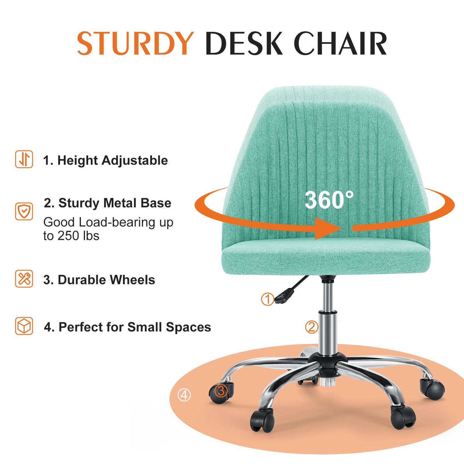 Sweetcrispy Armless Home Office Desk Chair with Wheels Adjustable Swivel Task Computer Vanity Chair for Small Spaces