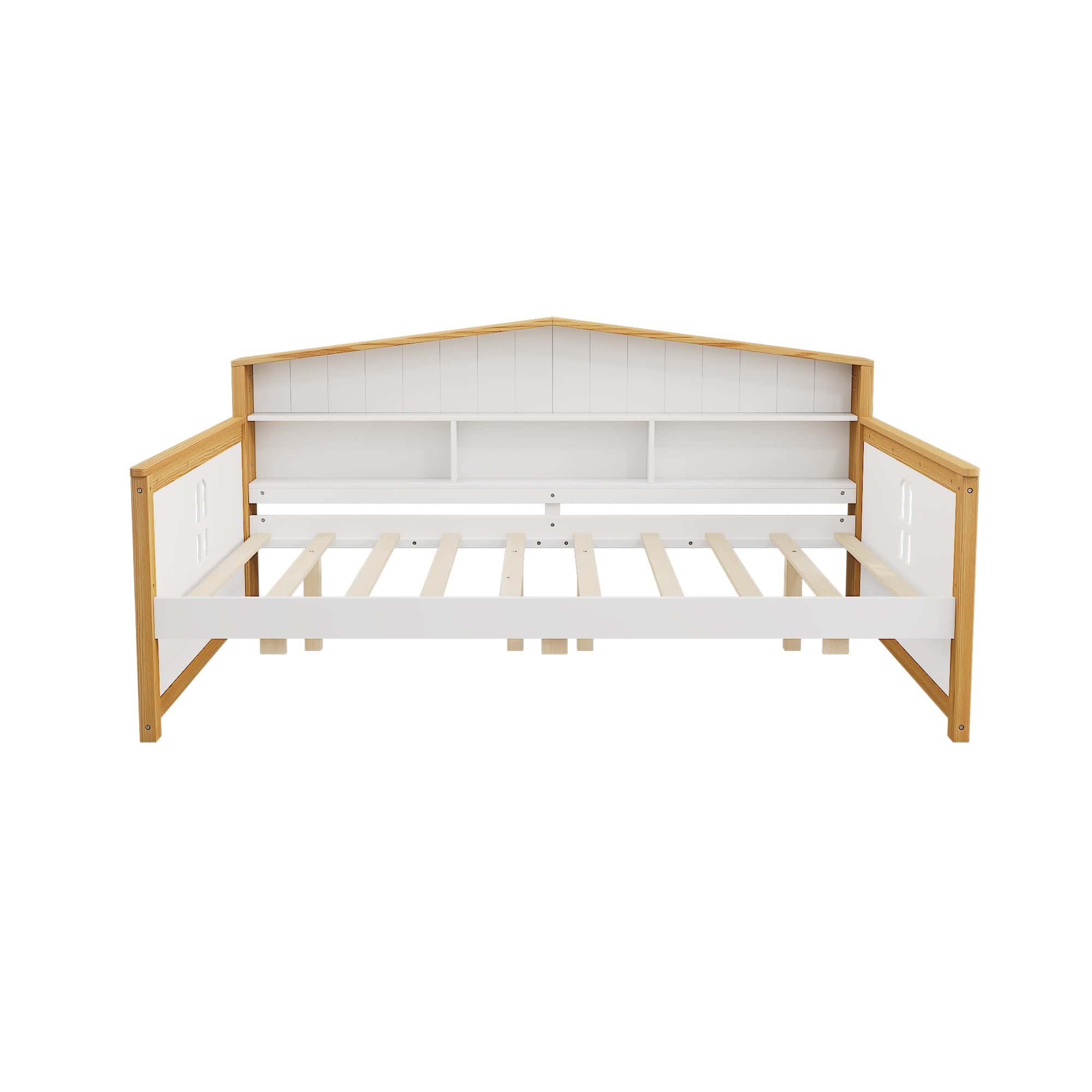 Full Size House Shape Daybed with Trundle and Bookcase Headboard Wooden Bed for Girls Boys Teens, No Box Spring Needed, Walnut and White