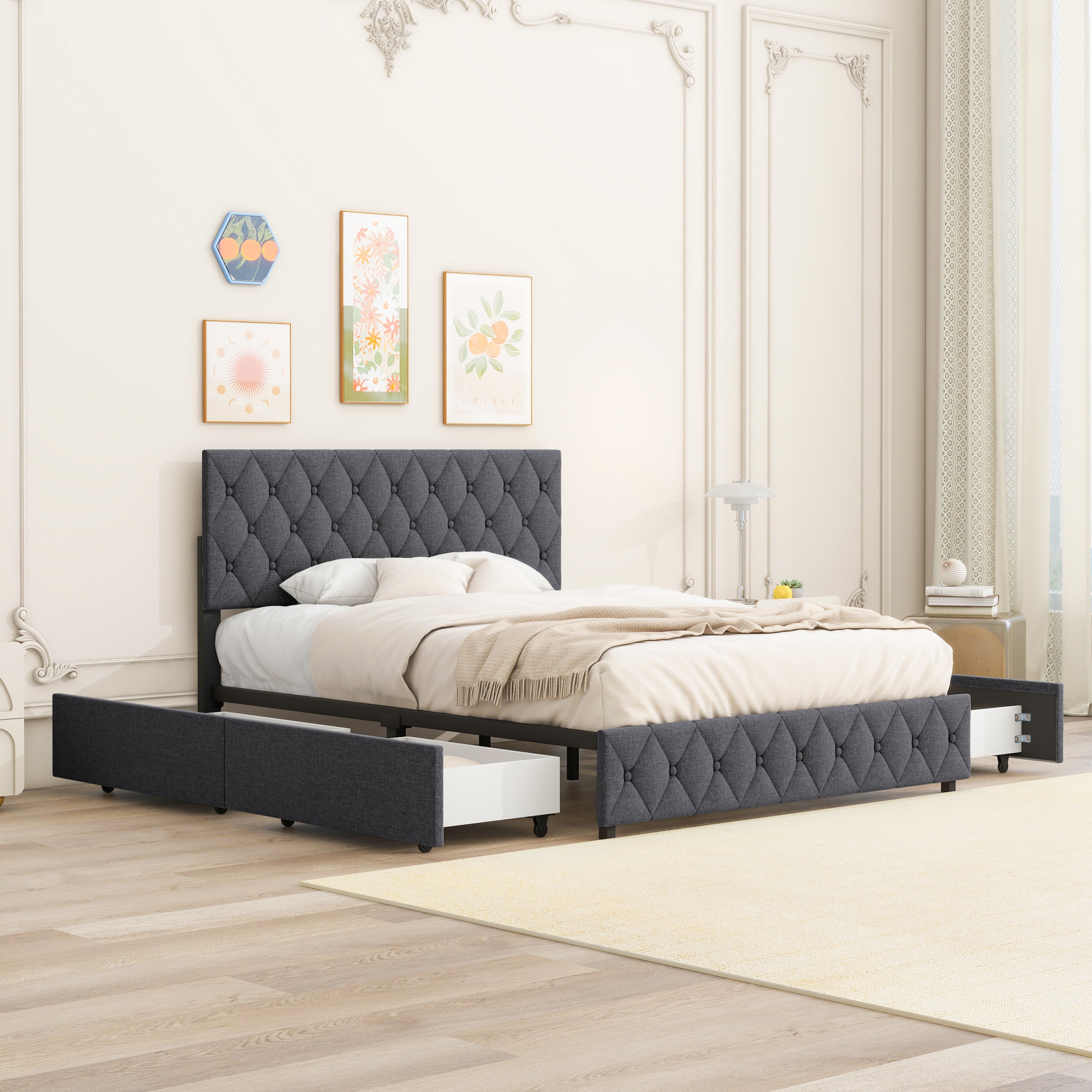 Queen Size Upholstered Platform Bed Frame with 4 Storage Drawers, Adjustable Linen Headboard, Wooden Slats Support, No Box Spring Needed, Easy Assembly,Grey