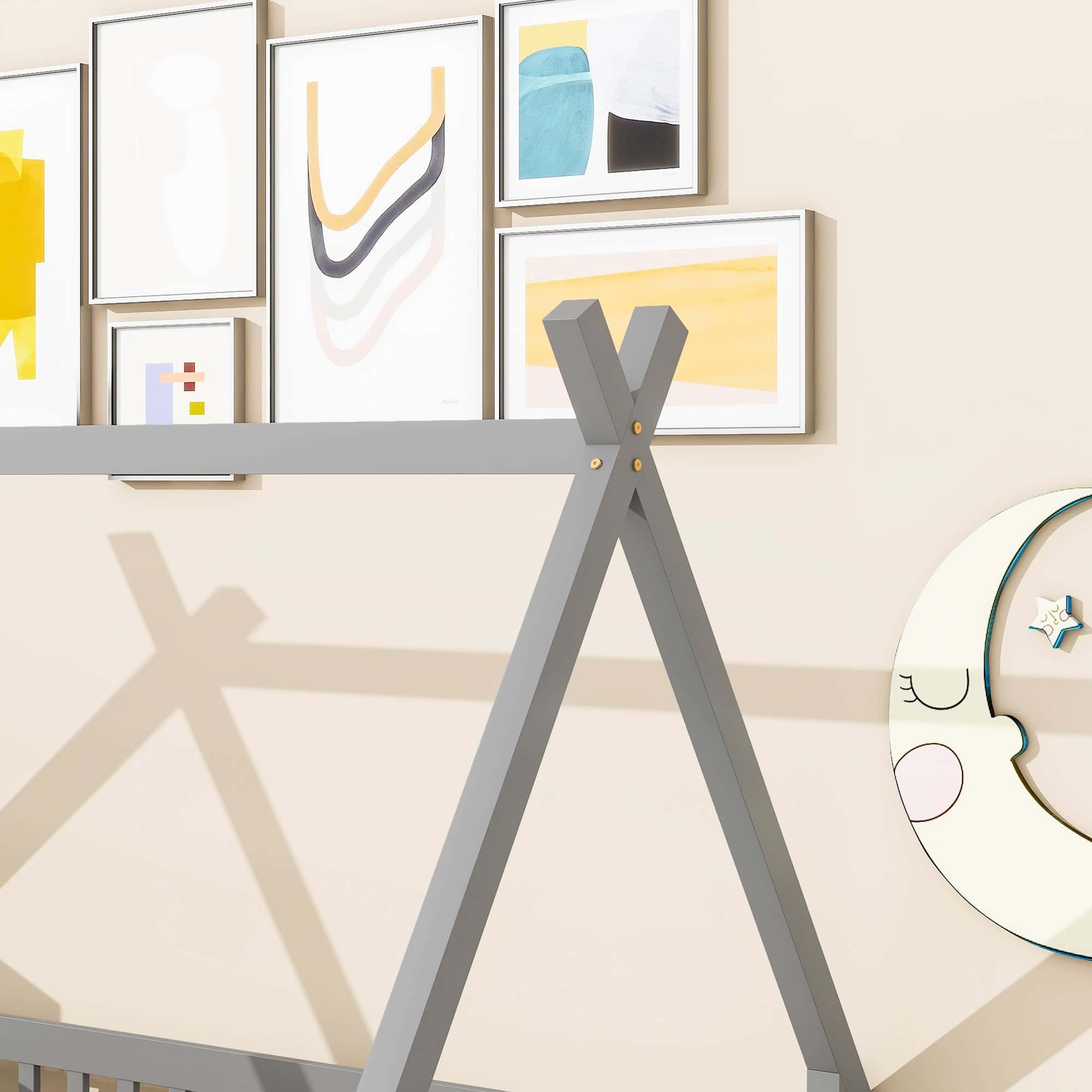 Twin Tent-shaped Floor Bed, with Guardrails, Slats, Door ,Grey