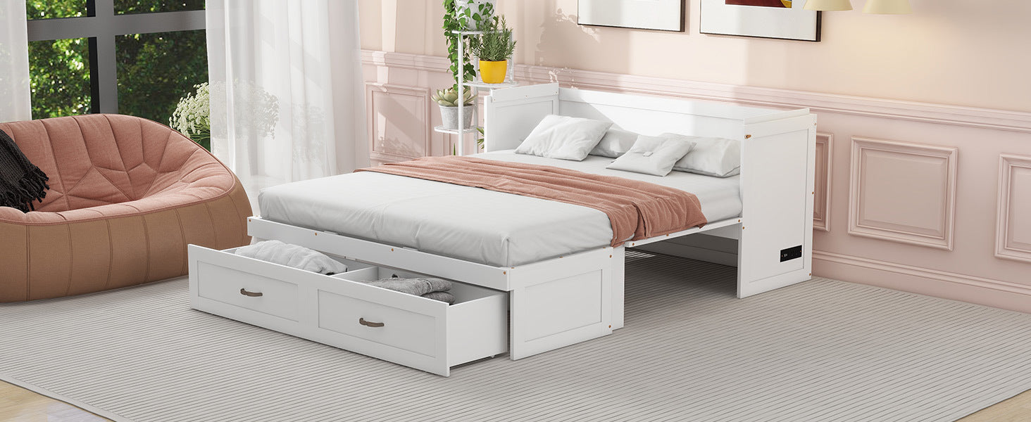 Queen Size Murphy Bed with USB Ports, Large Drawers and Metal Handles, White