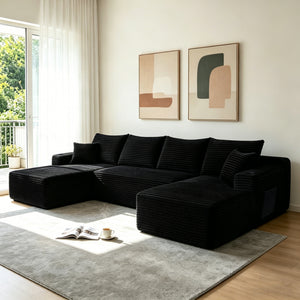 Black 134-inch U-shape modular sectional sofa, full front view