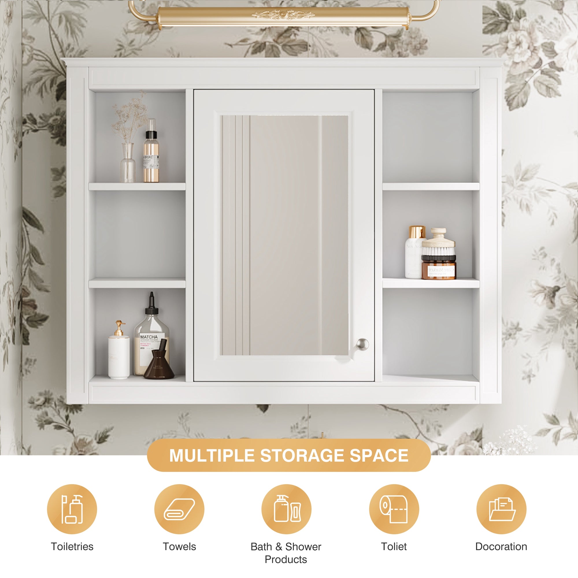 Modern bathroom storage cabinet with mirror, detail of open shelving
