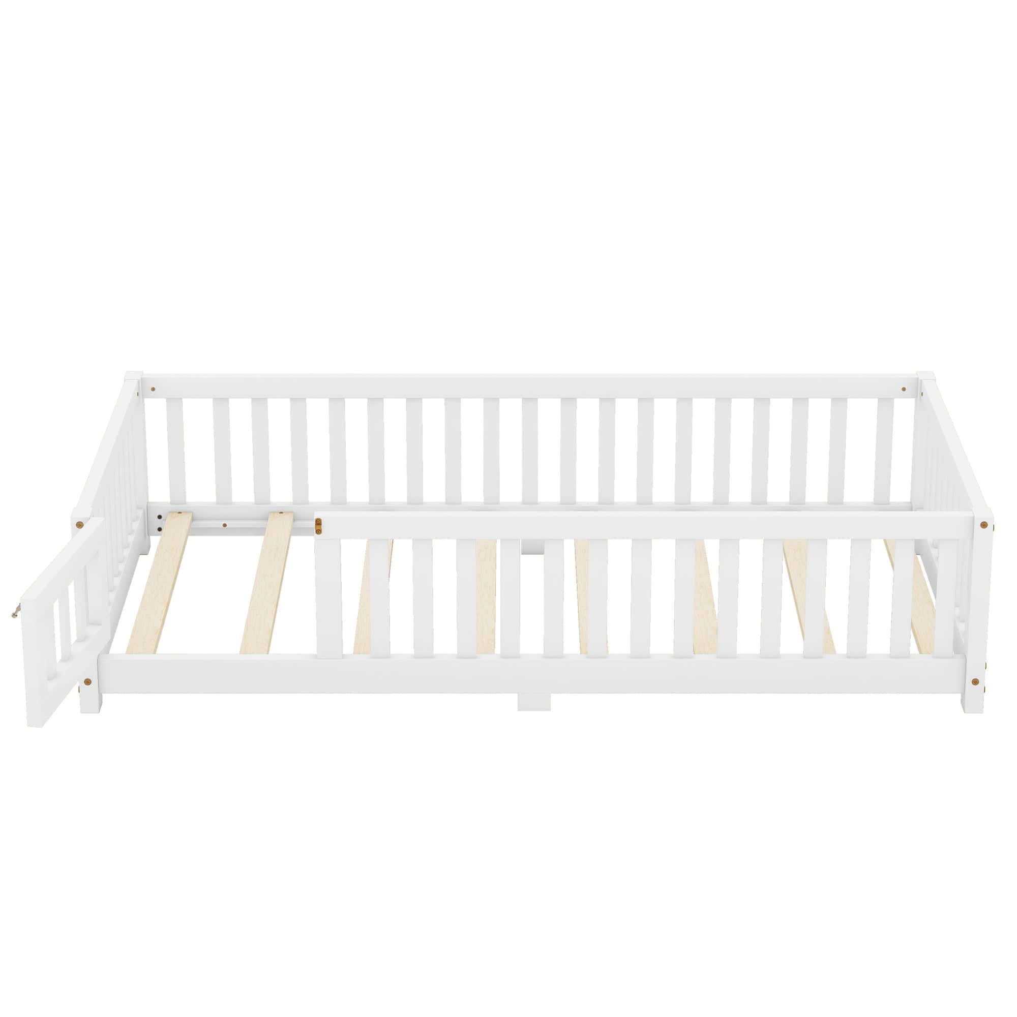 Twin Size Bed Floor Bed with Safety Guardrails and Door for Kids, White(Old SKU:W158090683)