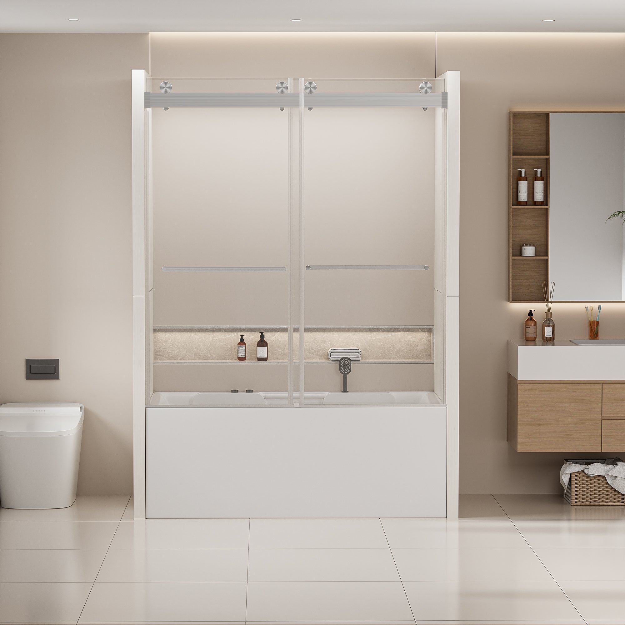 56-60 in. W x 62 in. H Frameless Double Sliding Tub Door, Bypass Tub Shower Door Soft Closing, Brushed Nickel 24D02-T60BNX
