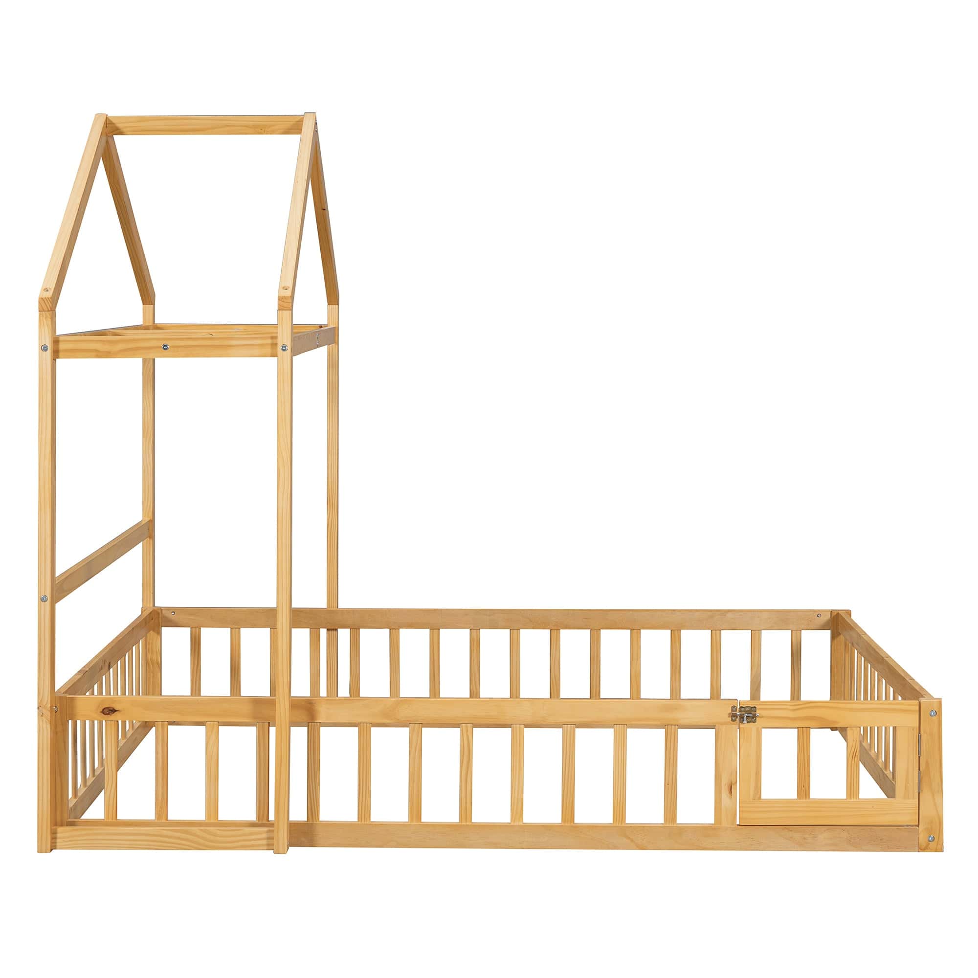 Wooden Floor Bed with Fence Railings and Detachable House Shape Headboard,Full Size Bed with Kids Dress Up Rack, Kids Montessori Style Playhouse Frame for Girls Boys, Natural