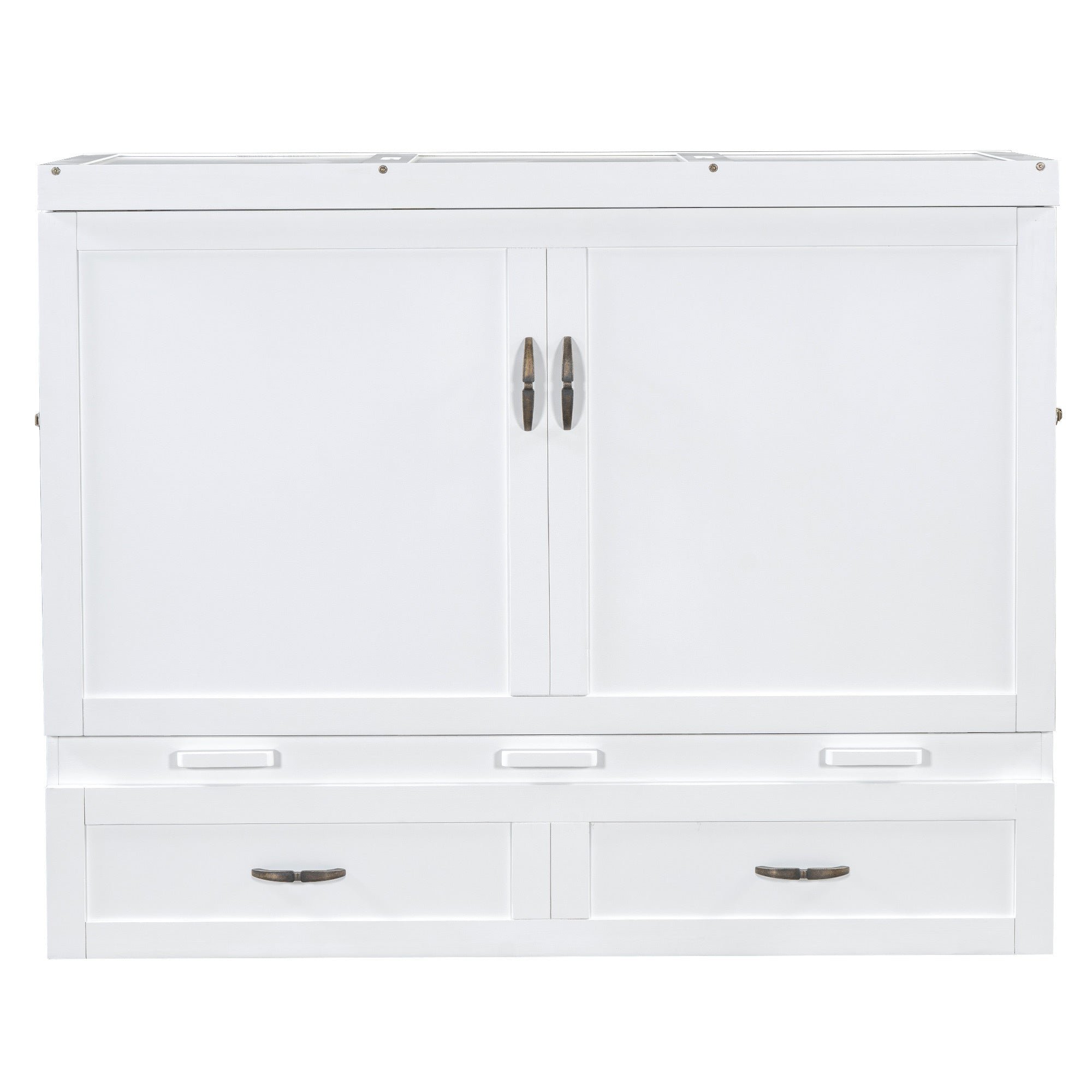 Queen Size Murphy Bed with USB Ports, Large Drawers and Metal Handles, White