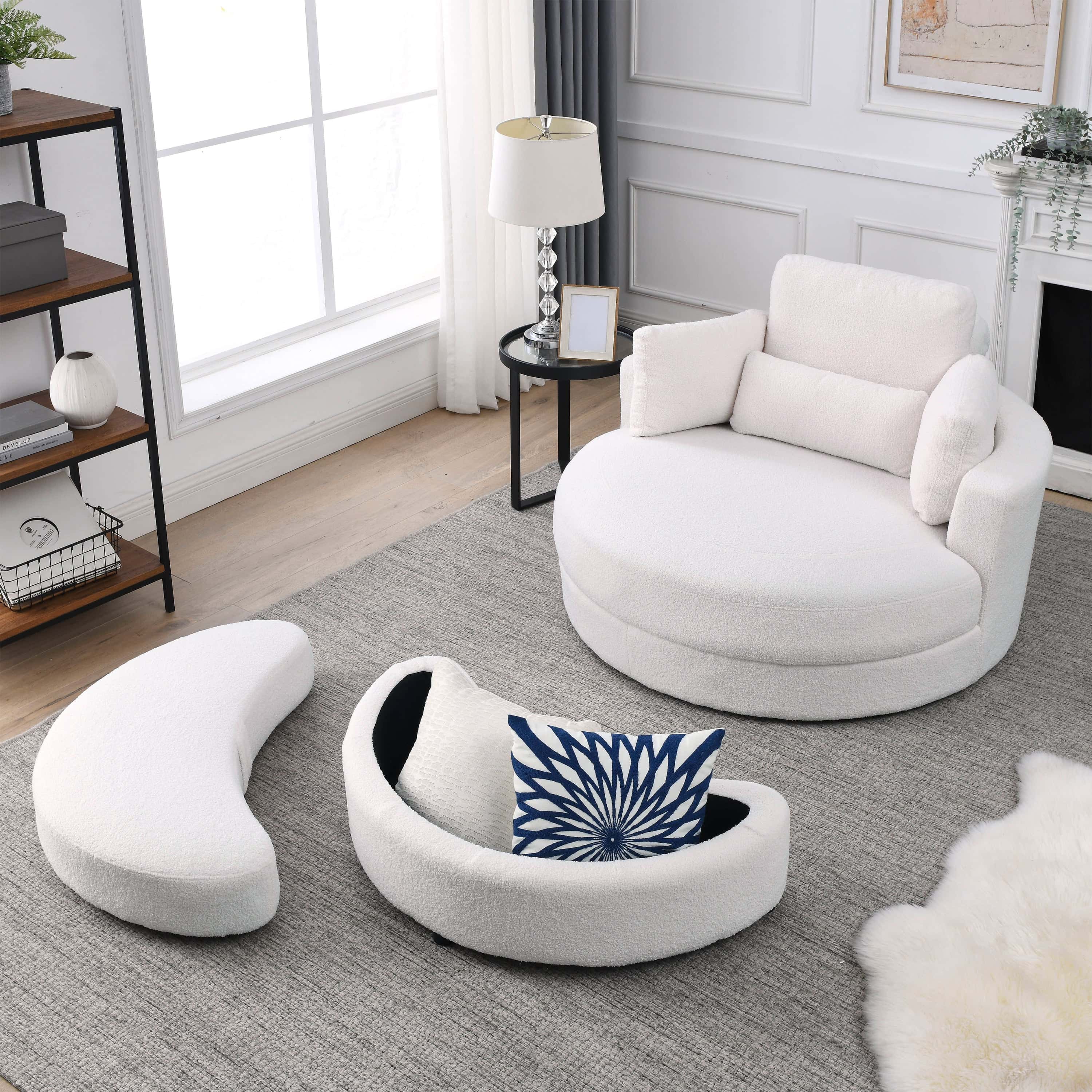 Welike Swivel Accent Barrel Modern Sofa Lounge Club Big Round Chair with Storage Ottoman Linen Fabric for Living Room Hotel with Pillows,Teddy White (Ivory)