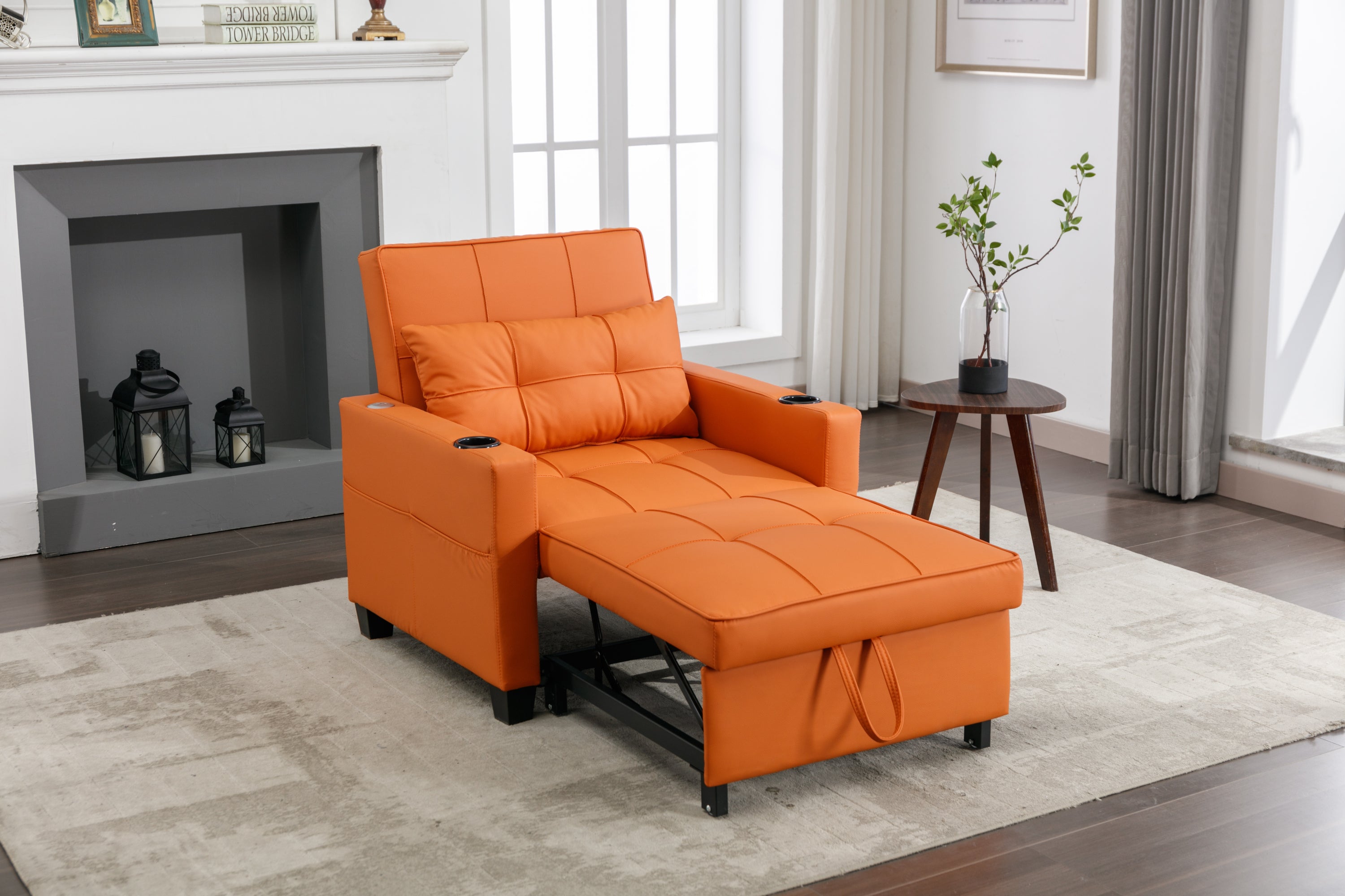 Futon Chair Bed Convertible Chair 3-in-1 Pull Out Sleeper Chair Beds with USB Ports,Wear-resistant and Anti-scratch, Armchair Bed Sleeper for Living Room (Orange Leather)
