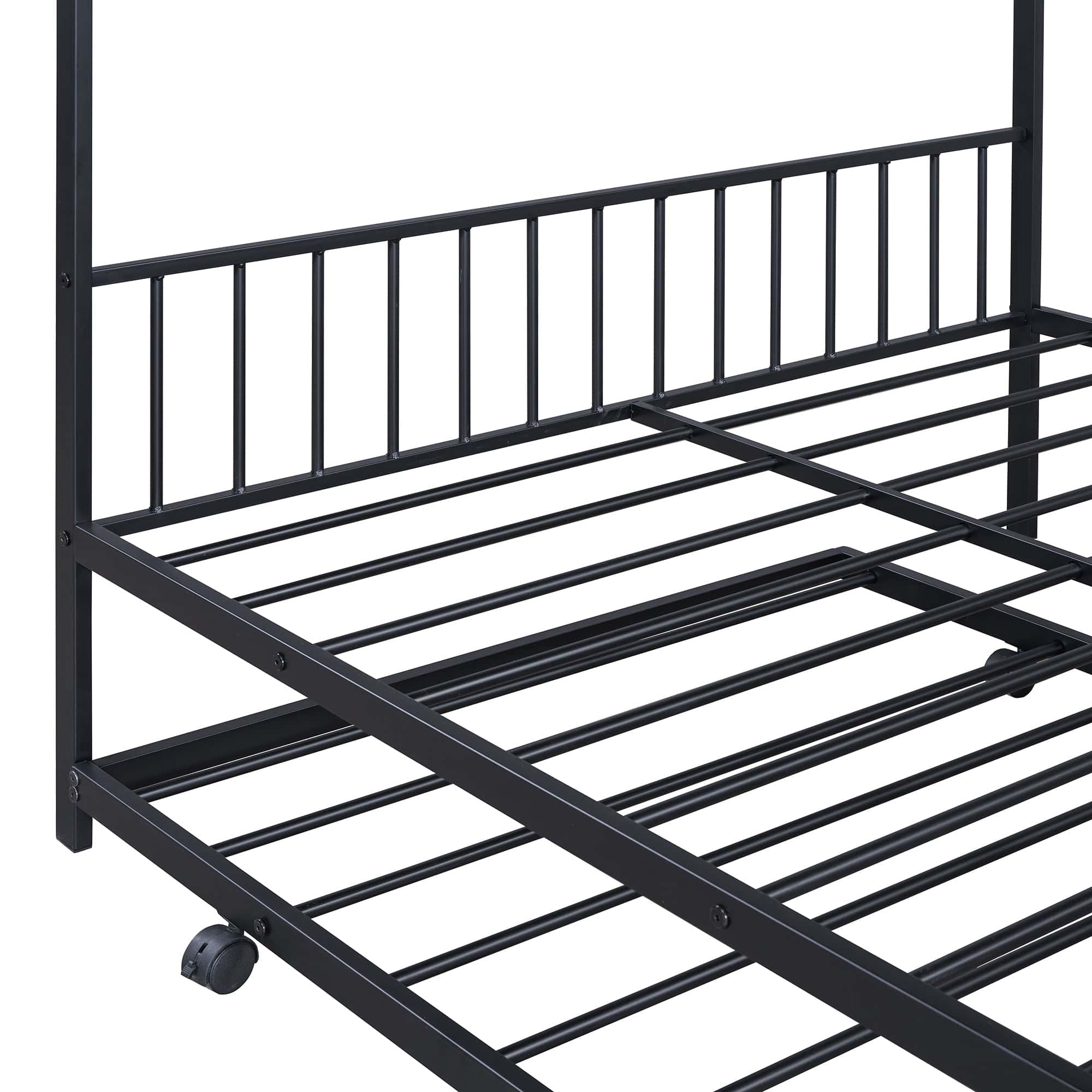 Full Size Metal House Bed with Twin Size Trundle, Black