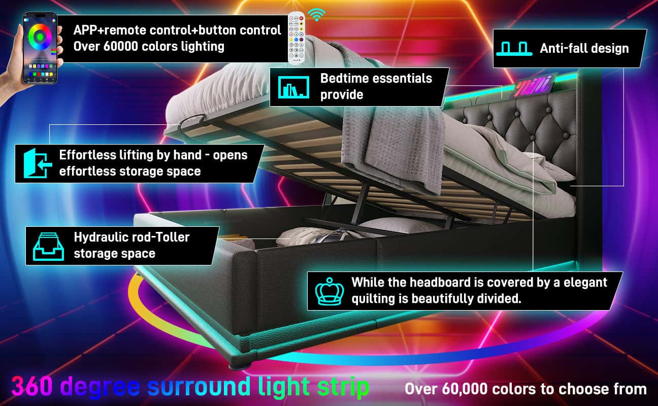Queen size Upholstered bed, 360 surround LED function, Buttons/Apps/Remote Control, hydraulic storage bed with USB Type-C charging, Black,PU (Without mattress)