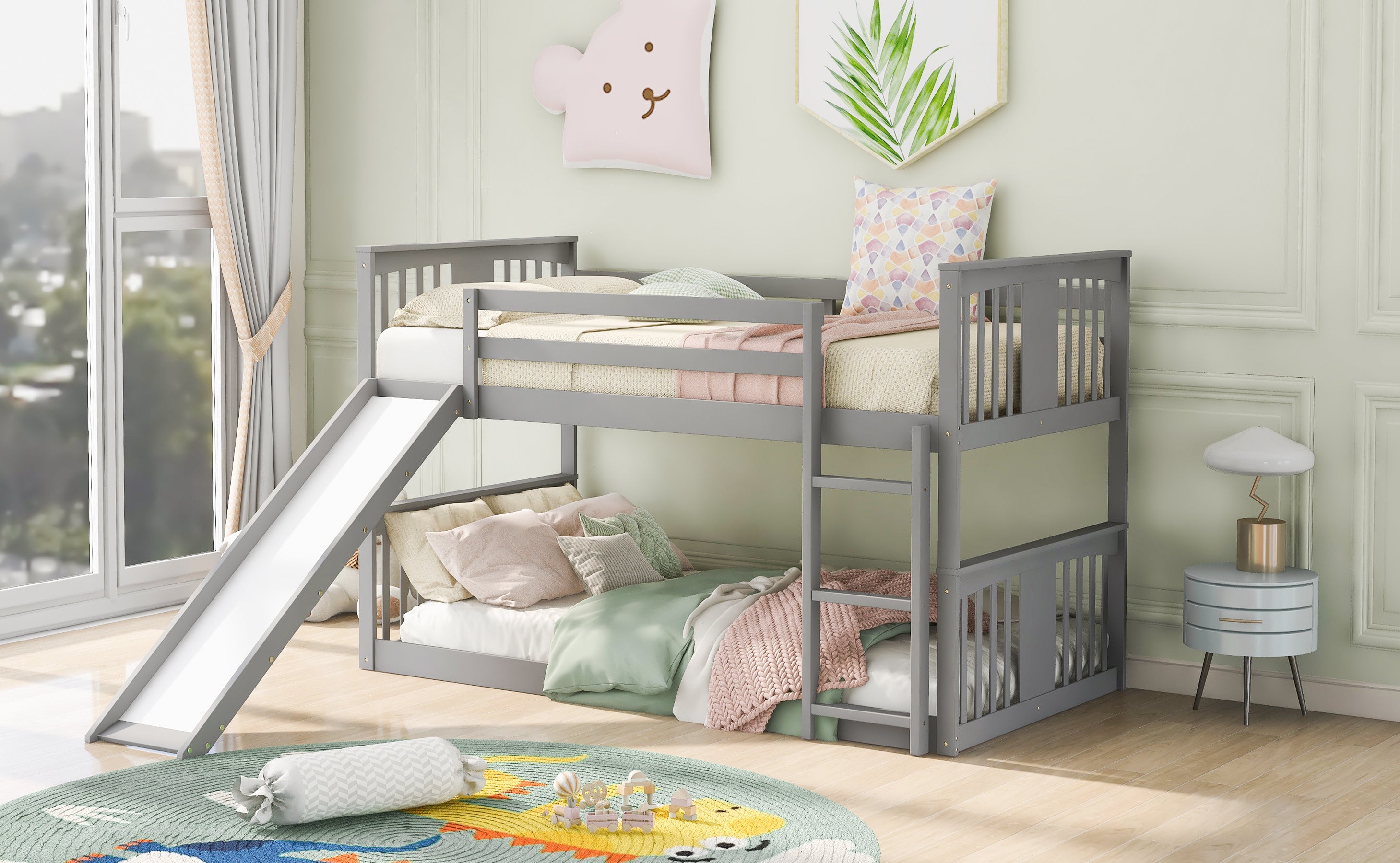 Twin Over Twin Bunk Bed with Slide and Ladder, Gray (Old SKU:LP000108AAE)