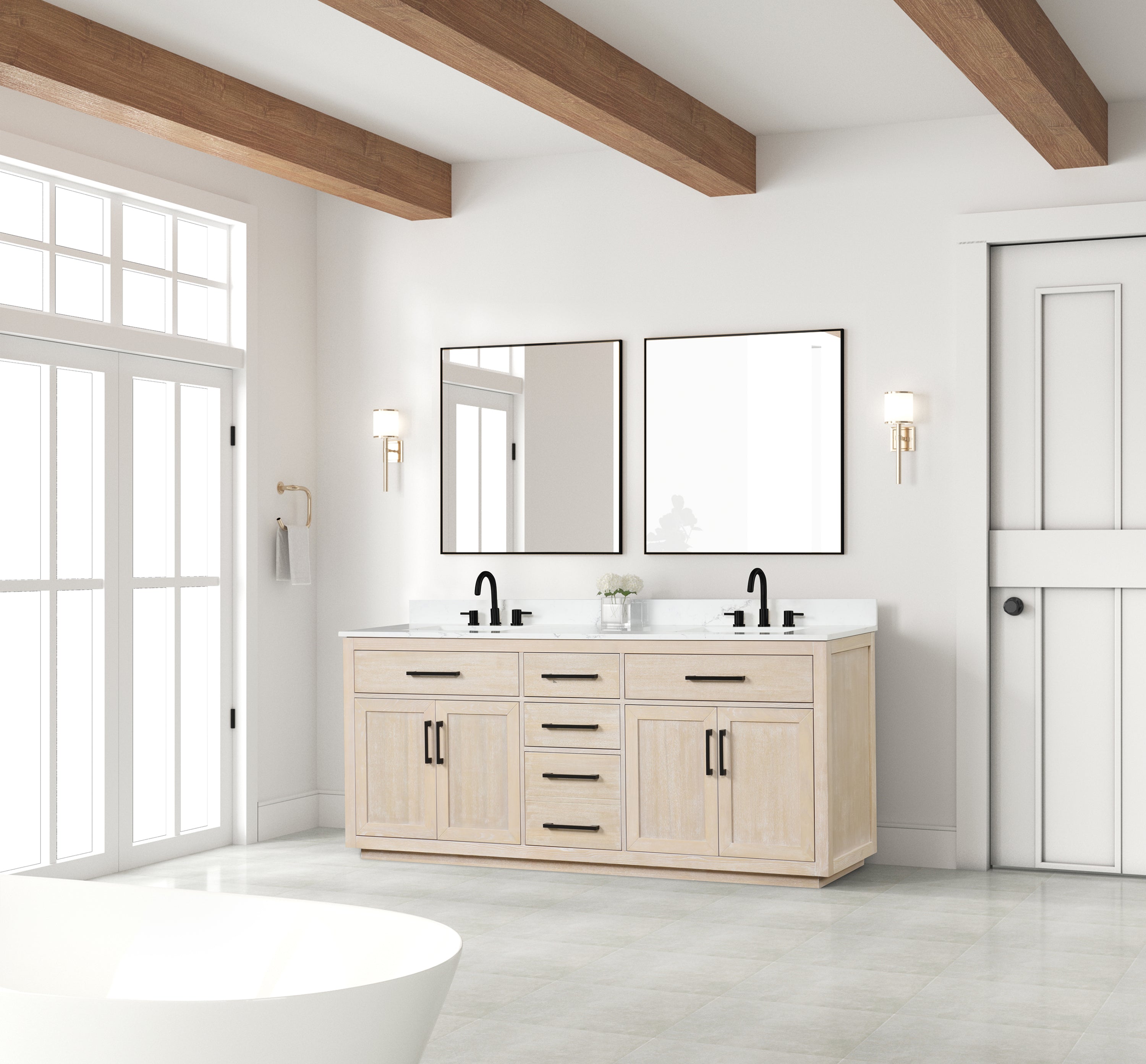 80" Bathroom Vanity with Double Sink, Freestanding Modern Bathroom Vanity with Soft-Close Cabinet and 3 Drawers, Solid Wood Bathroom Storage Cabinet with Quartz Countertop, Milk Oak