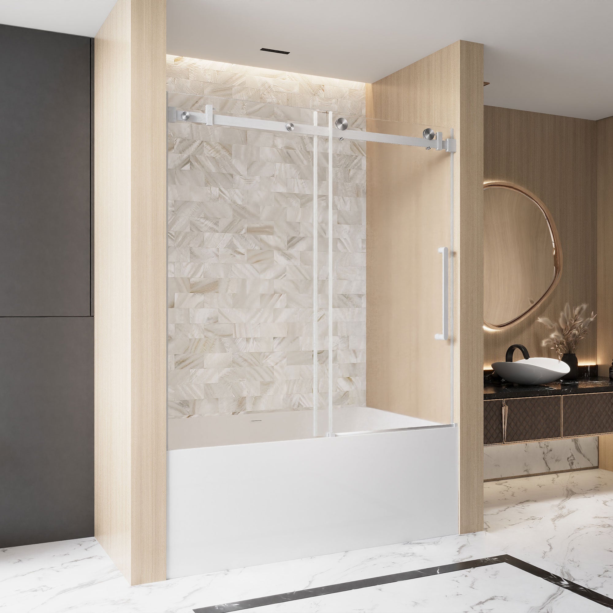 56-60 x 60 in Frameless Single Sliding Square-Tube Tub Door - 56-60 x 60 in / Brushed Nickel / Square Tube view 3