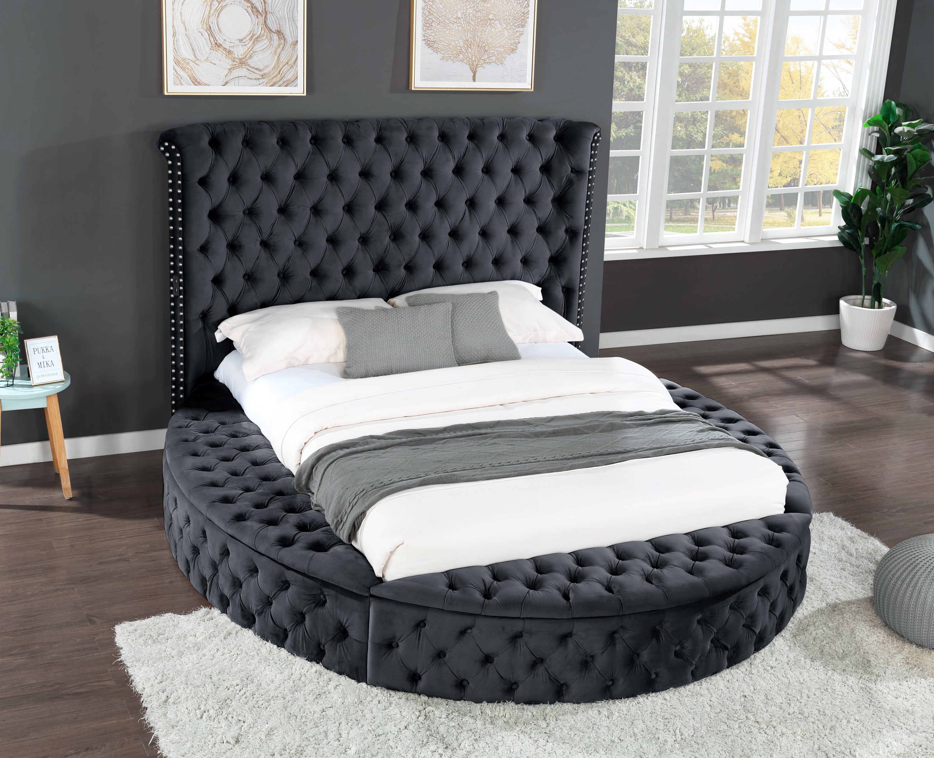 King Size Tufted Upholstery Storage Bed made with Wood in Black