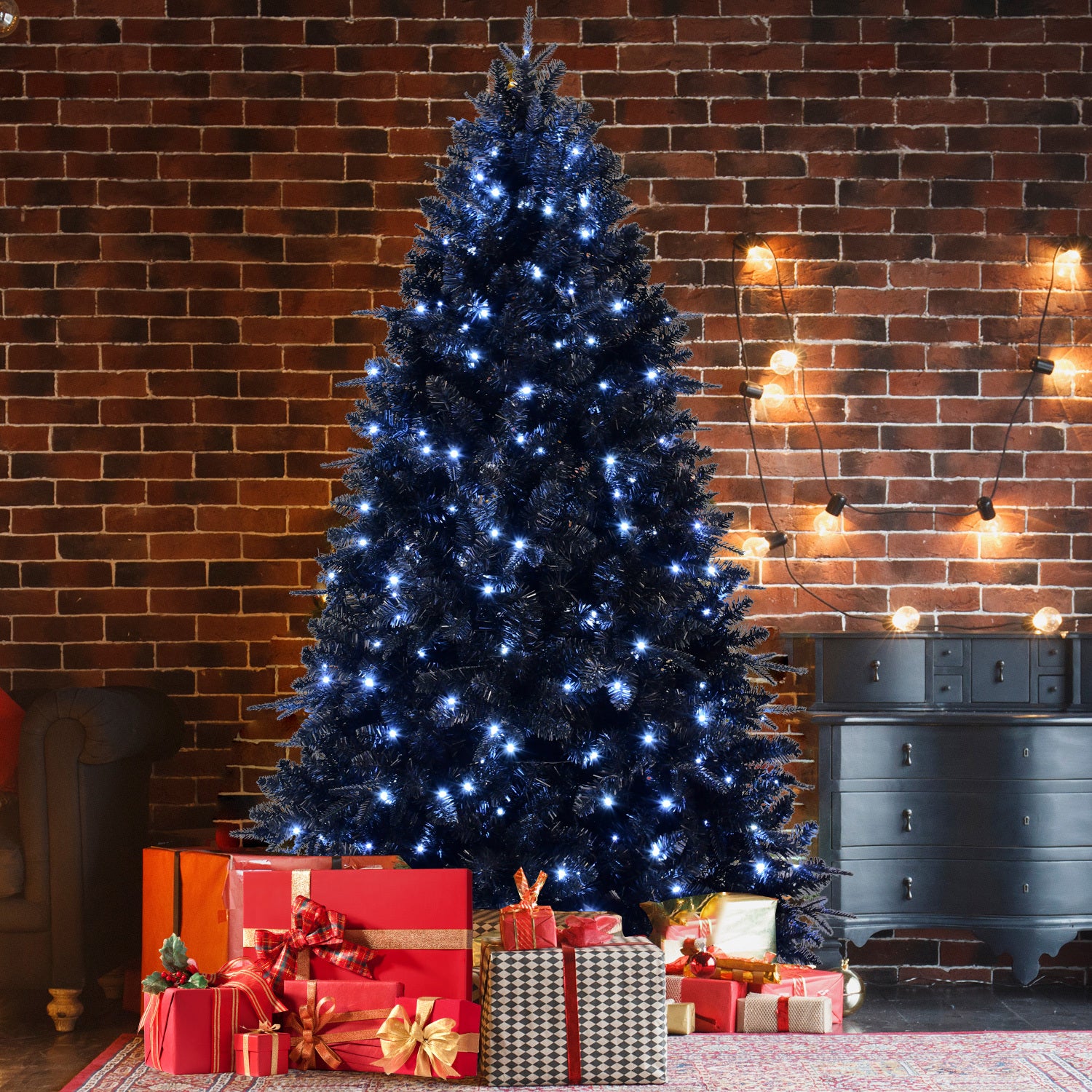 8ft Pre-Lit Black Christmas Tree, Full Halloween Xmas Artificial Tree 2486 Branch Tips, 600 Lights, Metal Hinges, Foldable Base, Holiday Decoration - Black