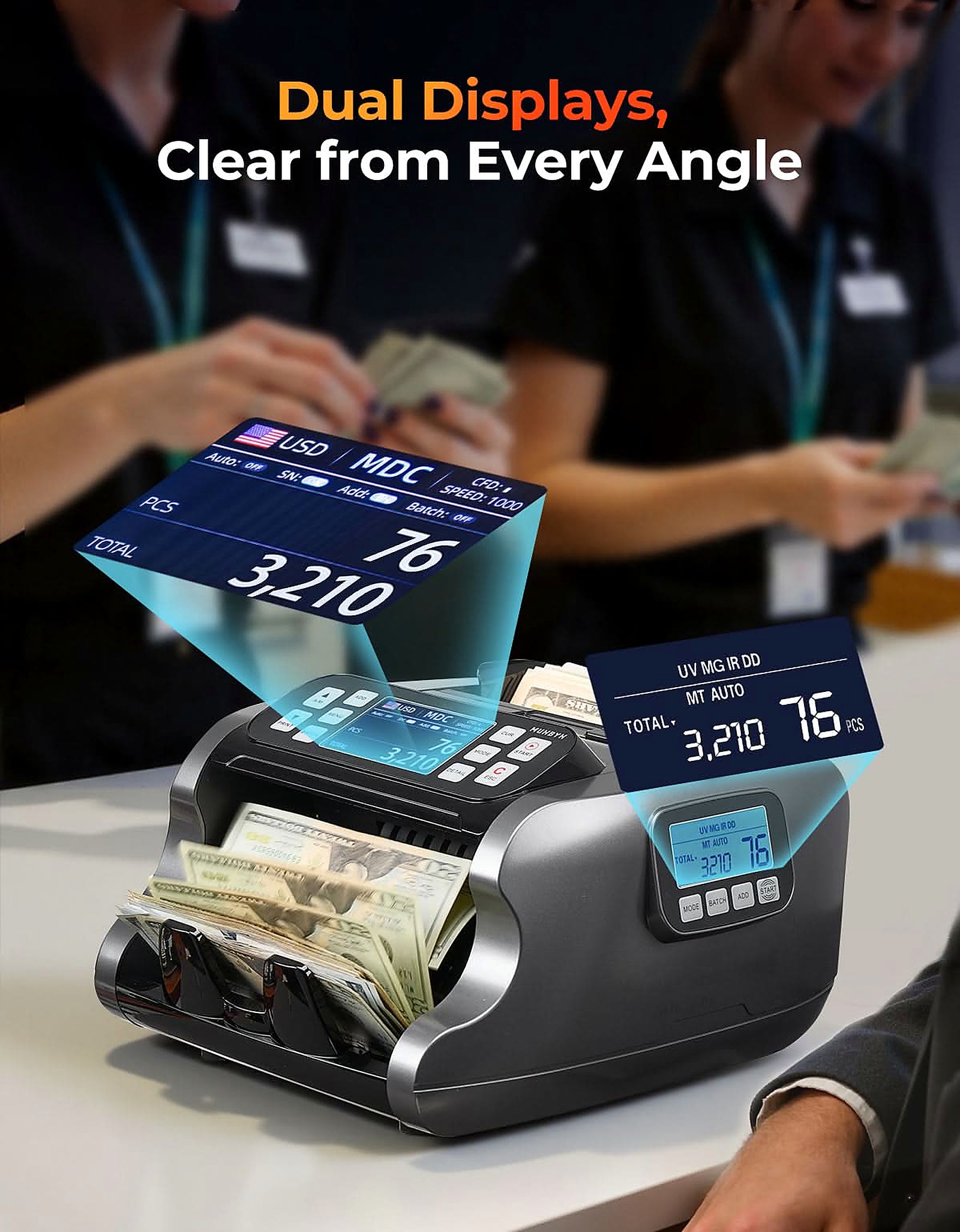 MUNBYN IMC22 dual-display money counter in use