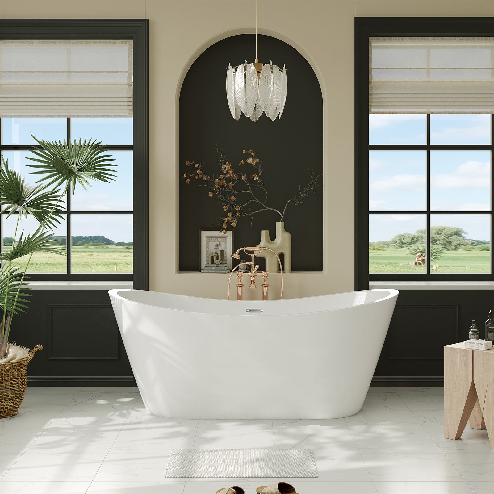 67" Acrylic Freestanding Bathtub-Acrylic Soaking Tubs, White Bathtub, Oval Shape Freestanding Bathtub With Chrome Overflow and Pop Up Drain