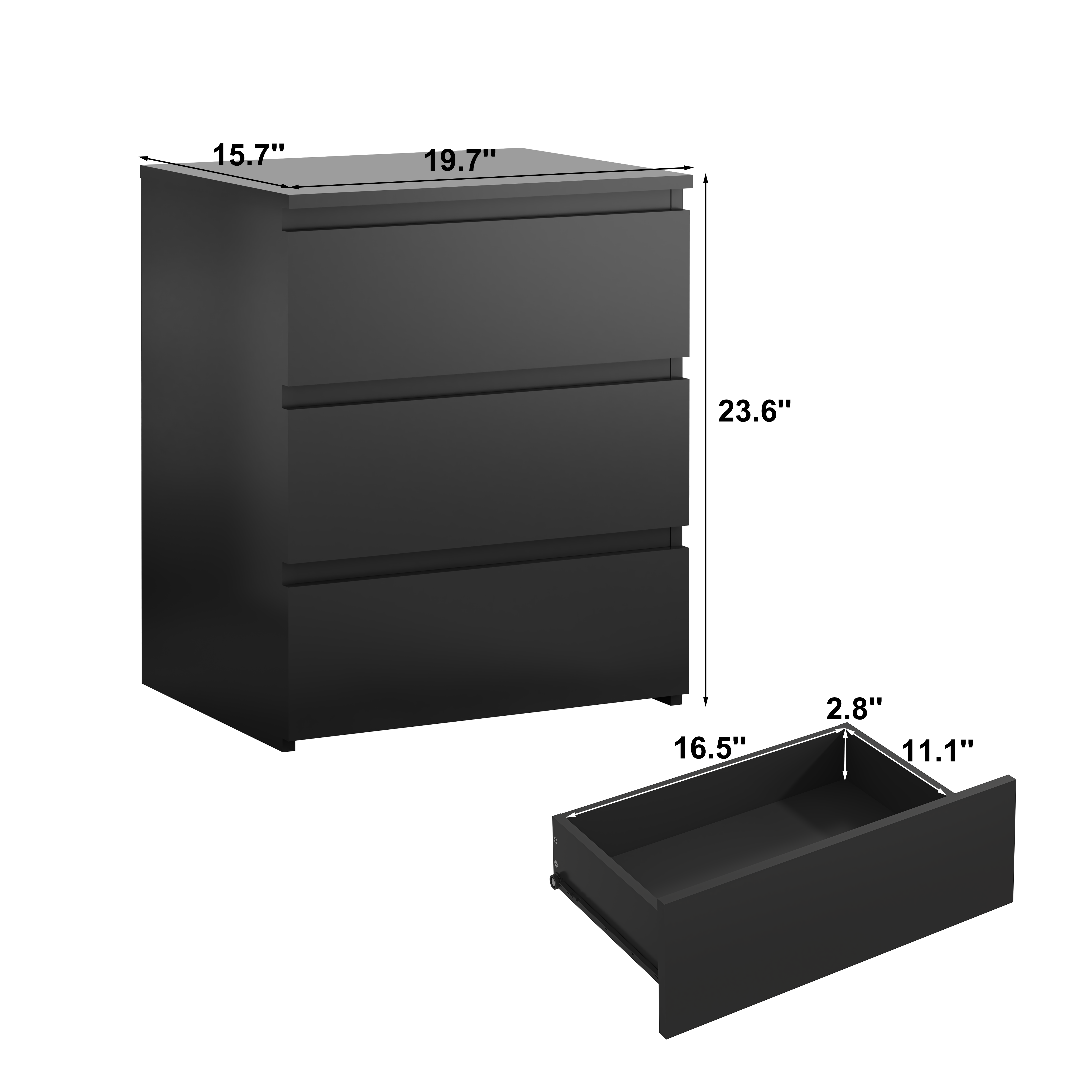 Compact wooden nightstand with drawers open, storage detail