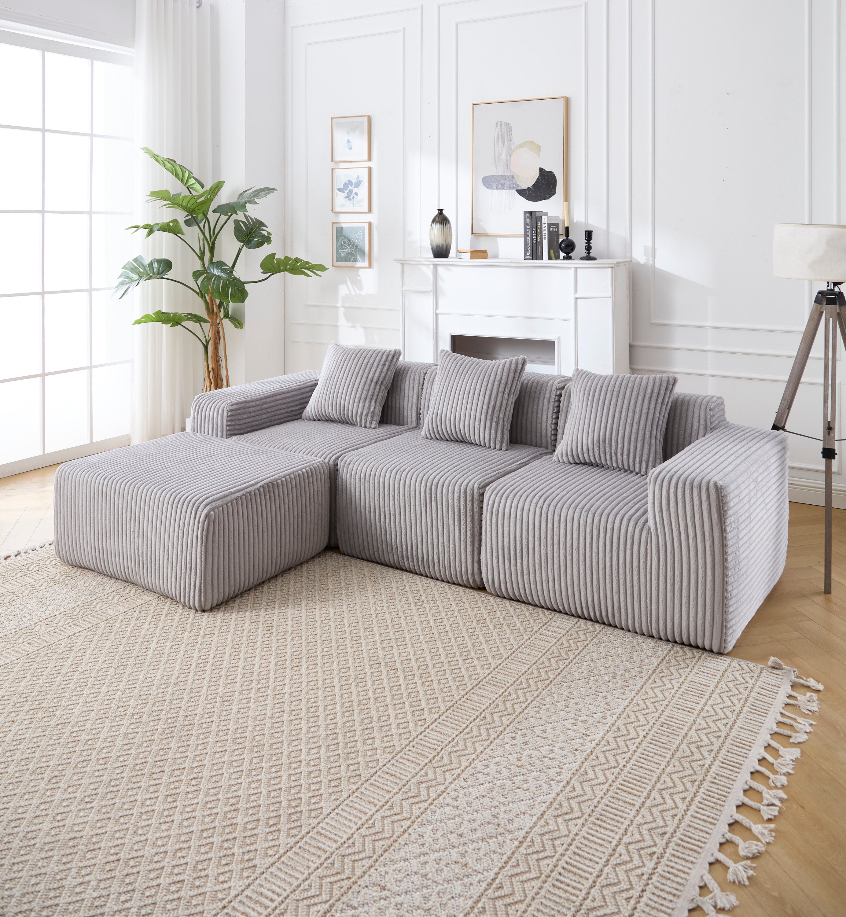 Modern Minimalist Modular Sectional Sofa,  L-Shape Upholstered Cloud Couch with Deep Seats, Right Facing Chaise for Living Room-Light Gray