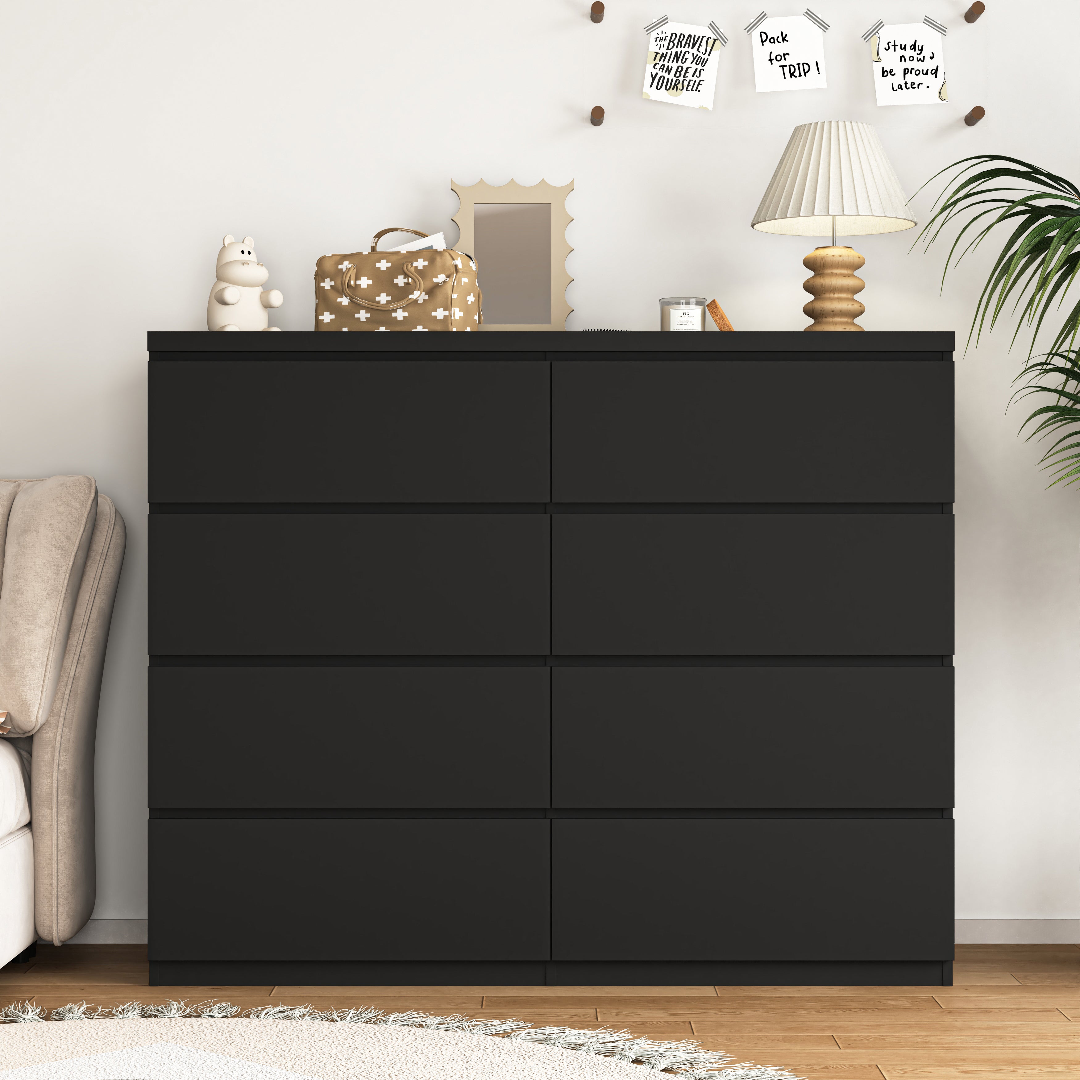 8-drawer tall wood dresser in black, front view