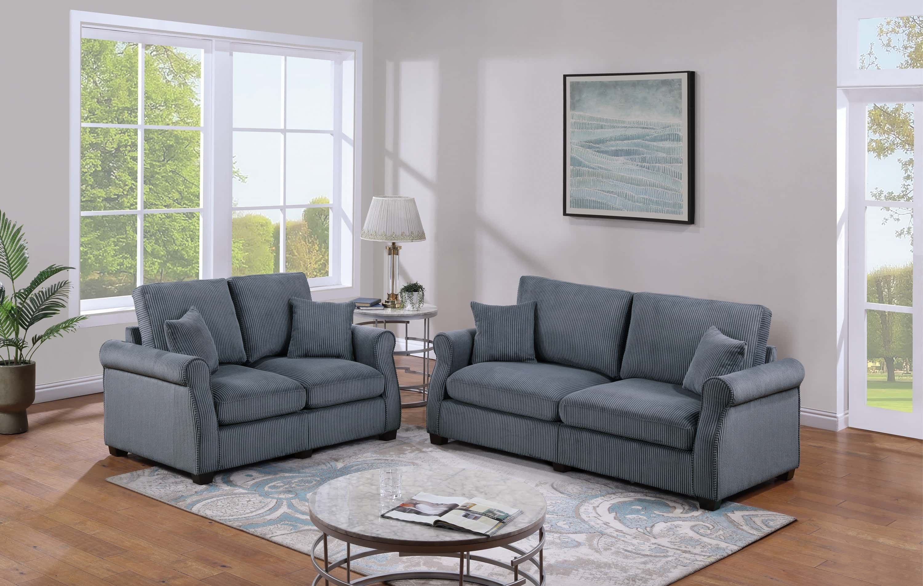 Classic Living Room 2pc Sofa Set Dark Gray Corduroy Sofa Loveseat w Pillows Square Arms Plush Couch