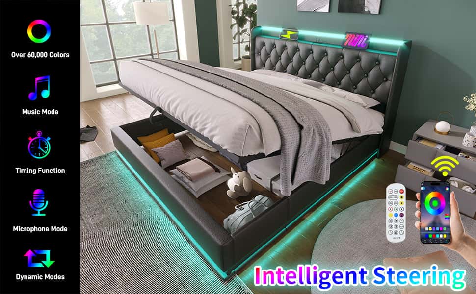 Queen size Upholstered bed, 360 surround LED function, Buttons/Apps/Remote Control, hydraulic storage bed with USB Type-C charging, Black,PU (Without mattress)