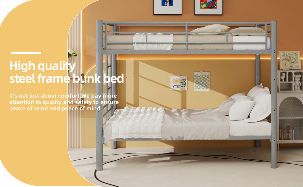 Silver twin metal bunk bed in bedroom, space-saving side view