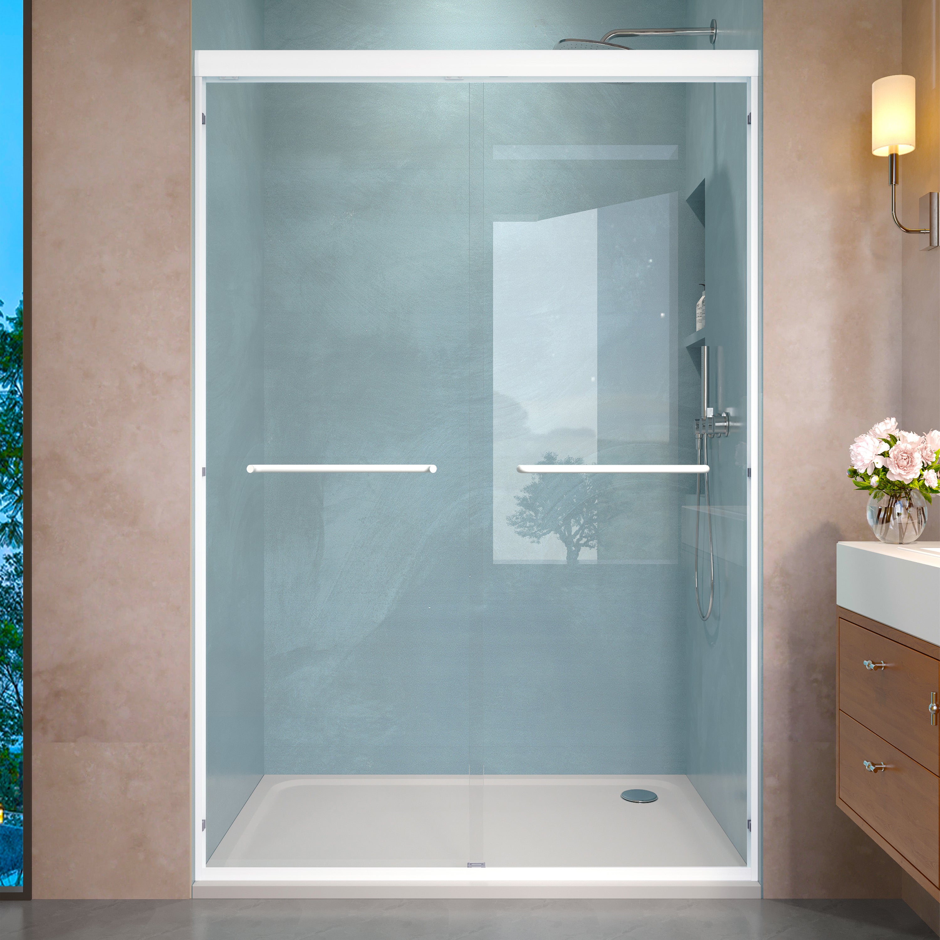 Semi-frameless double sliding shower door, 44-48 inch, White, front view