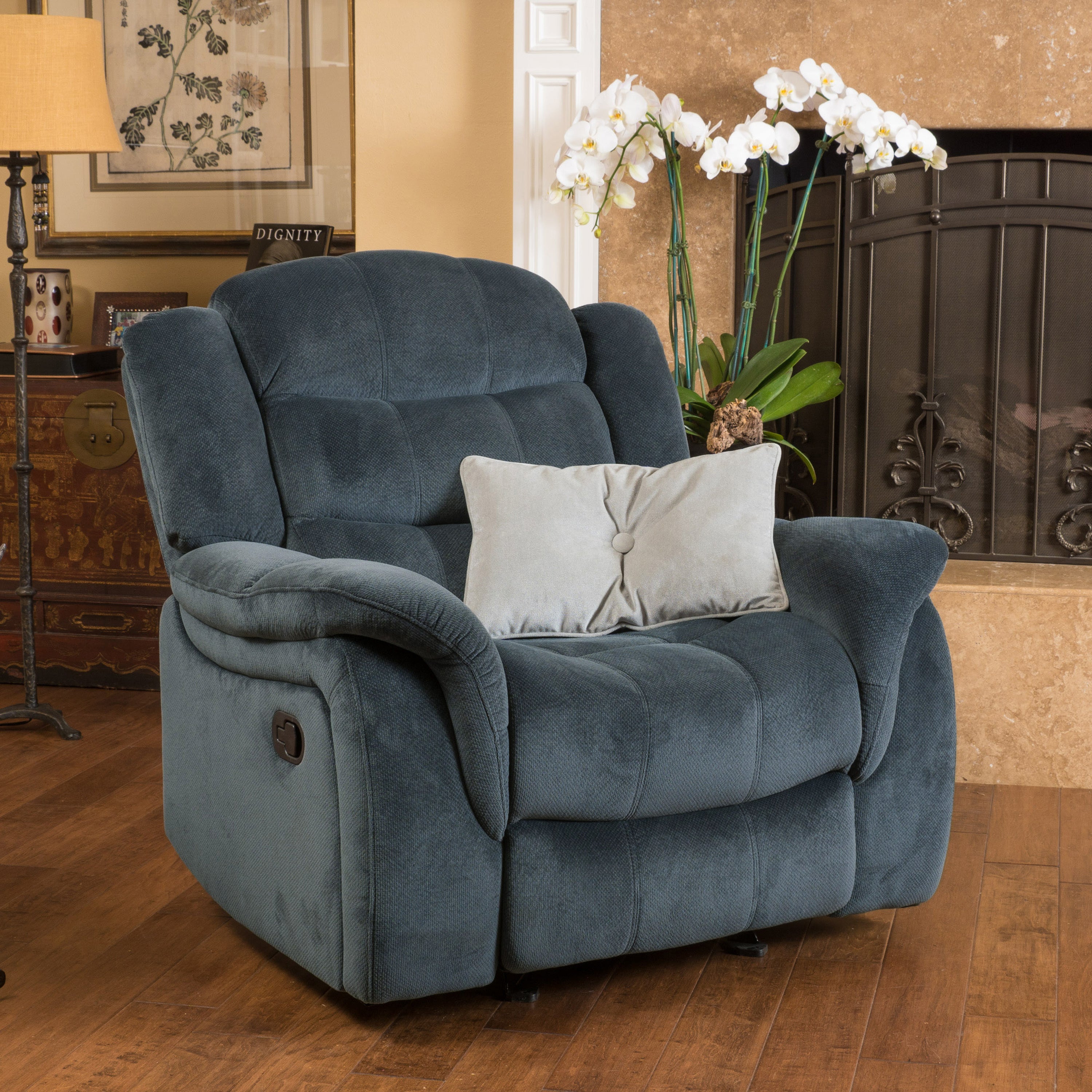 Classic Design, Steel Gray Plush Fabric, Glider Recliner