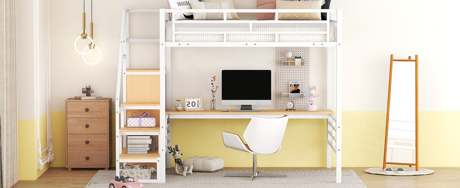 Full Size Metal Loft Bed with Desk, Storage Staircase and Small Wardrobe, Storage stairs can be installed left and right, White