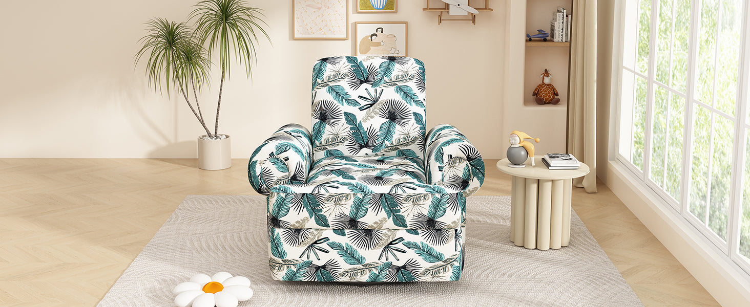 Green and brown recliner rocker chair, angled side view