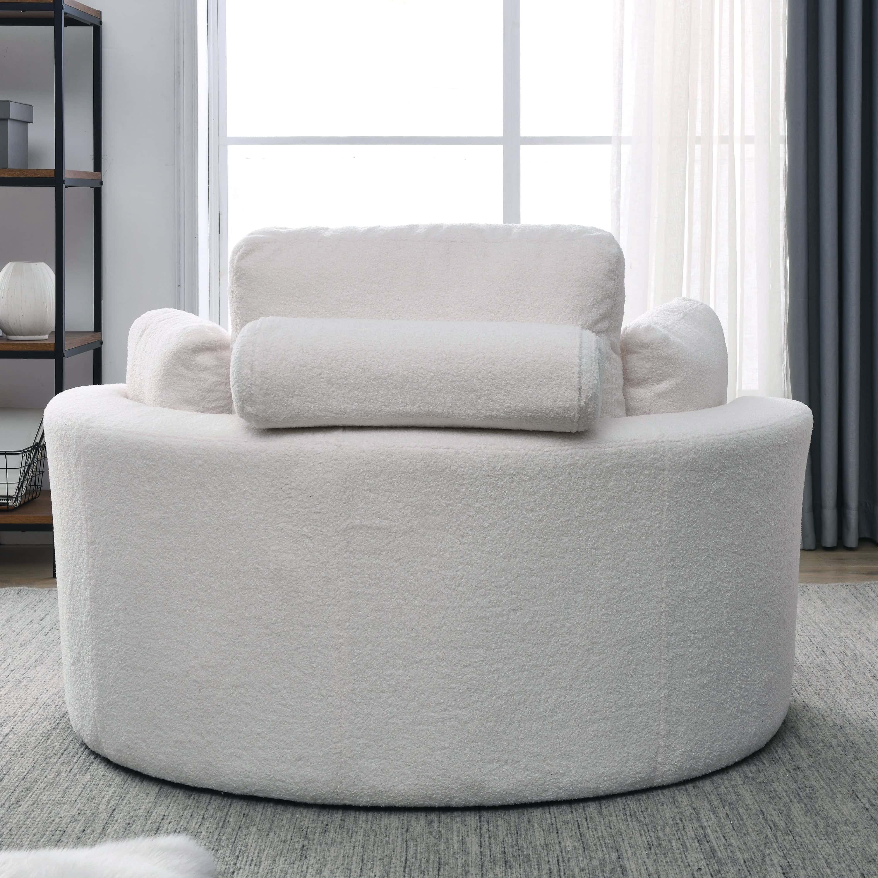 Welike Swivel Accent Barrel Modern Sofa Lounge Club Big Round Chair with Storage Ottoman Linen Fabric for Living Room Hotel with Pillows,Teddy White (Ivory)